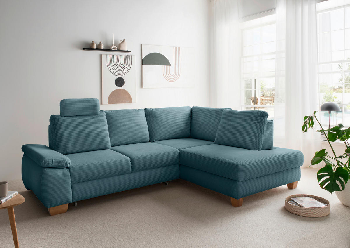 ECKSCHLAFSOFA in Cord Petrol  - Wildeiche/Petrol, Modern, Holz/Textil (261/206cm) - Livetastic