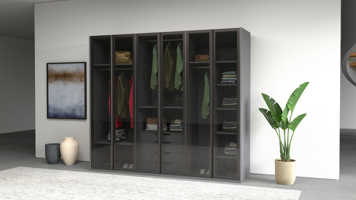 KLEIDERSCHRANK 251/220/60 cm,  in Anthrazit, 6-türig  - Anthrazit, KONVENTIONELL, Glas/Holzwerkstoff (251/220/60cm) - Chameo