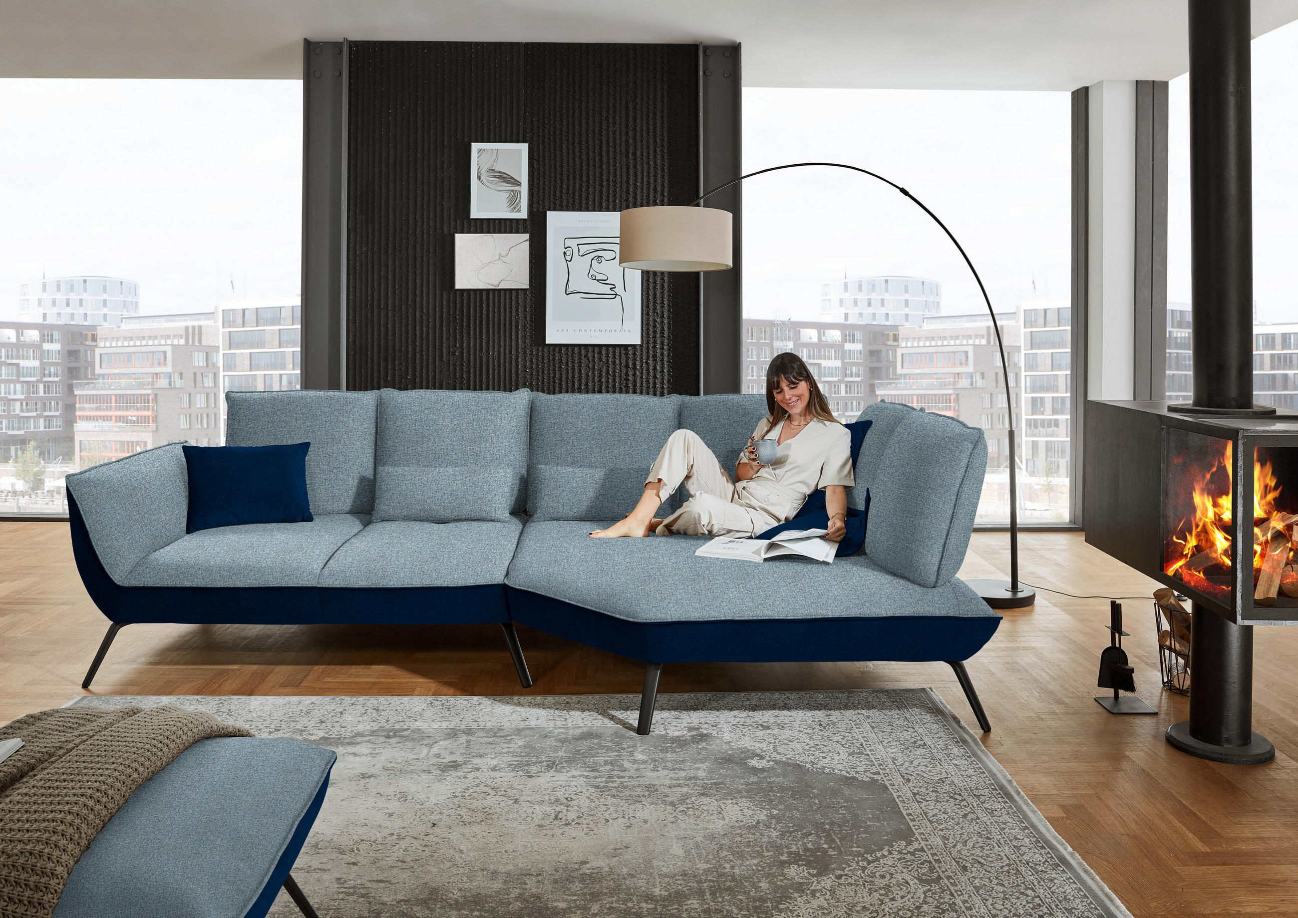 ECKSOFA in Flachgewebe Blau  - Blau/Schwarz, Design, Textil/Metall (320/169cm) - Moderano