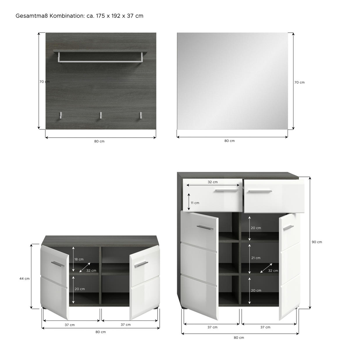 GARDEROBE 4-teilig  in 175/192/37 cm  - Weiß Hochglanz, Design, Glas/Holzwerkstoff (175/192/37cm) - MID.YOU