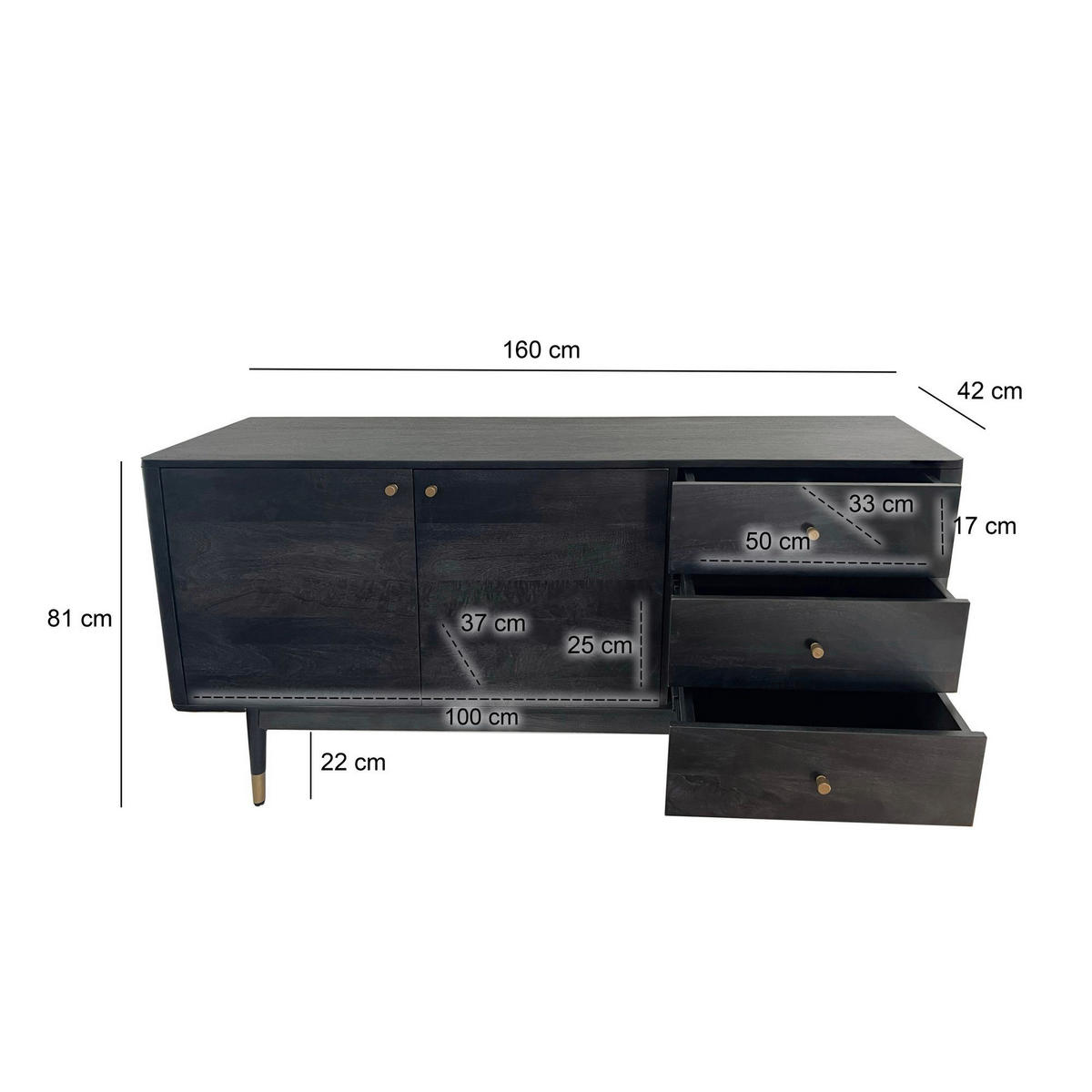SIDEBOARD 160/81/42 cm  - svart/guldfärgad, Natur, metall/trä (160/81/42cm) - Livetastic