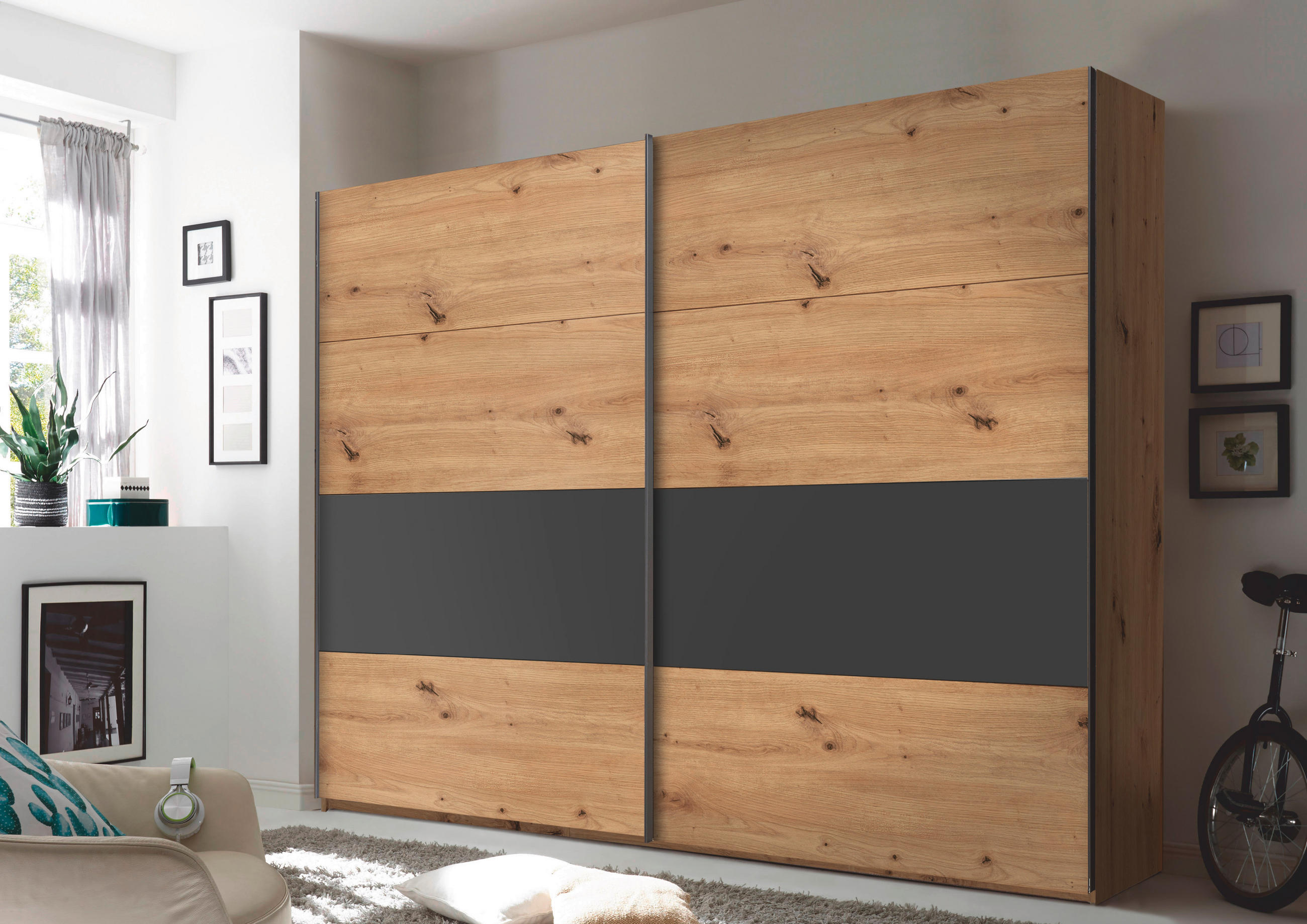 SCHWEBETÜRENSCHRANK  in Graphitfarben, Weiß, Eiche Artisan  - Chromfarben/Graphitfarben, KONVENTIONELL, Holzwerkstoff/Metall (270/225/64cm) - home24