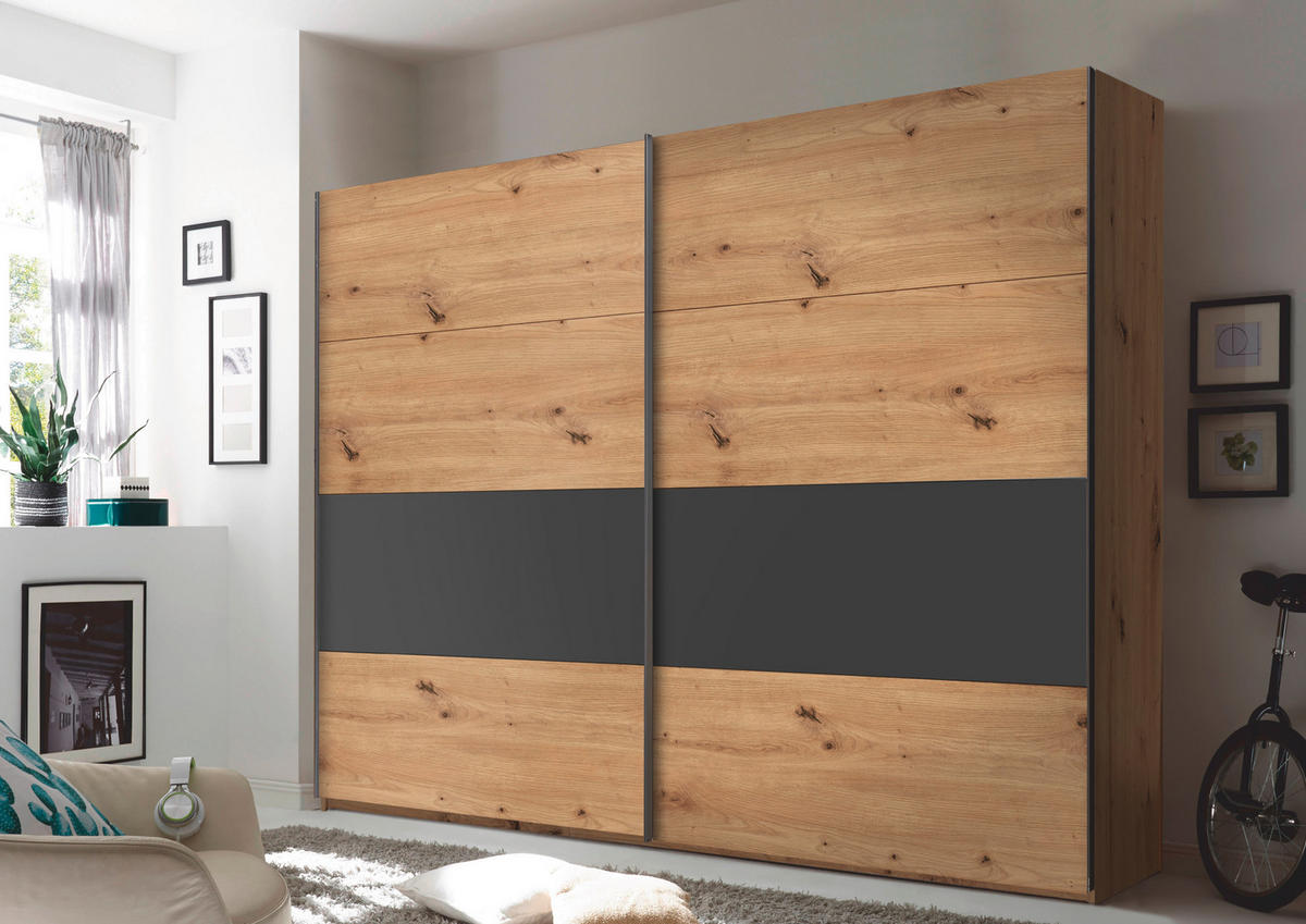 SCHWEBETÜRENSCHRANK 240/225/64 cm 2-türig Graphitfarben, Weiß, Eichefarben  - Chromfarben/Eichefarben, KONVENTIONELL, Holzwerkstoff/Metall (240/225/64cm) - Xora