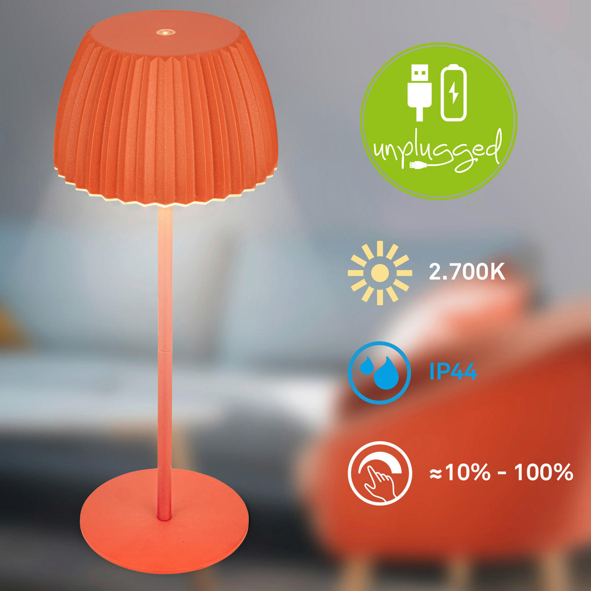 AKKU-TISCHLEUCHTE 14,5/36,5 cm  - Orange, Basics, Kunststoff/Metall (14,5/36,5cm)