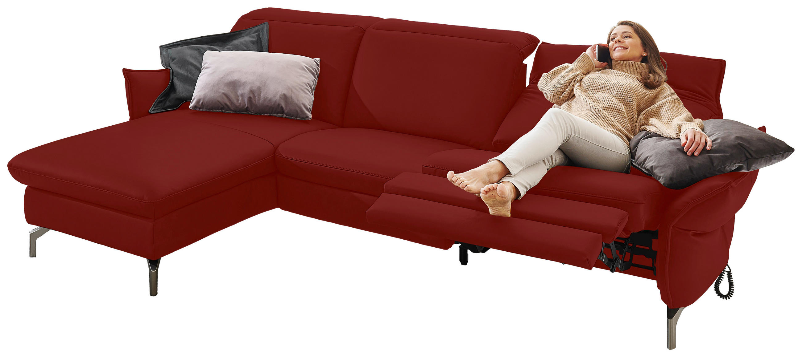 Thumbnail - Livetastic Ecksofa, Rot, Textil, 4-Sitzer, Ottomane links, L-Form, 233x179 cm, Made in EU, Hocker erhältlich, motorische...