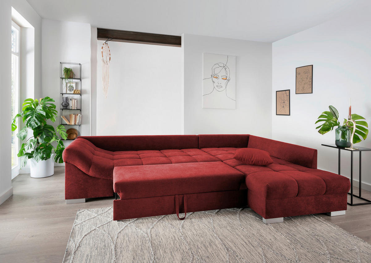 ECKSCHLAFSOFA Rot Mikrofaser  - Silberfarben/Rot, Design, Holz/Textil (298/202cm) - MID.YOU