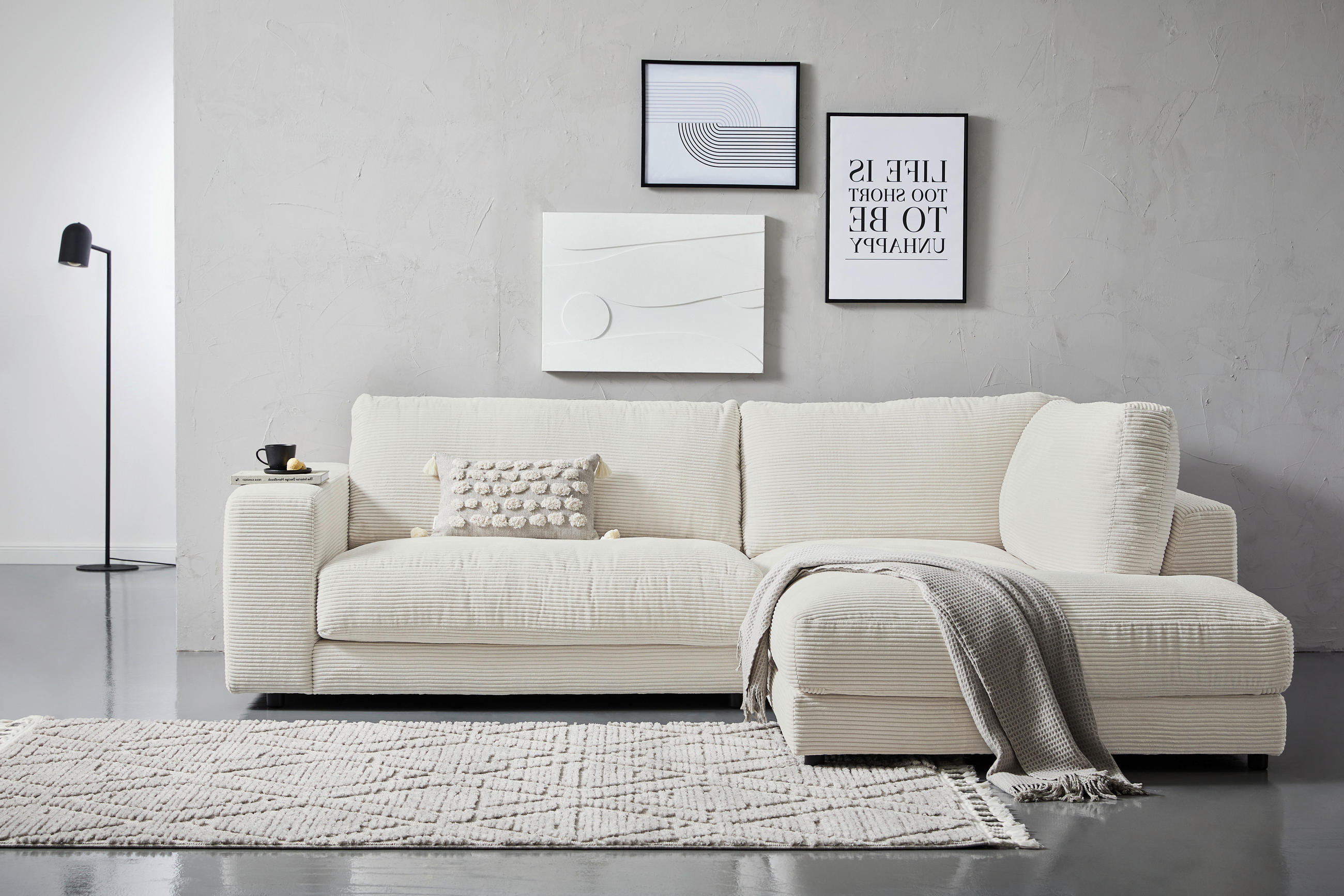 Thumbnail - Hom`in Ecksofa, Creme, Textil, 4-Sitzer, Füllung: Schaumstoff, Federn, Ottomane rechts, L-Form, 265x224 cm, Blauer Engel...
