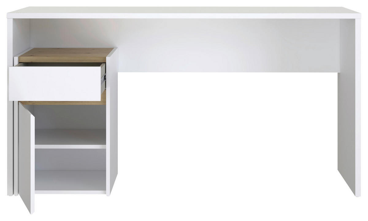 PISALNA MIZA umetna masa, leseni material bela, barve hrasta  - barve hrasta/bela, Moderno, umetna masa/leseni material (140/72,7/52,7cm) - Carryhome