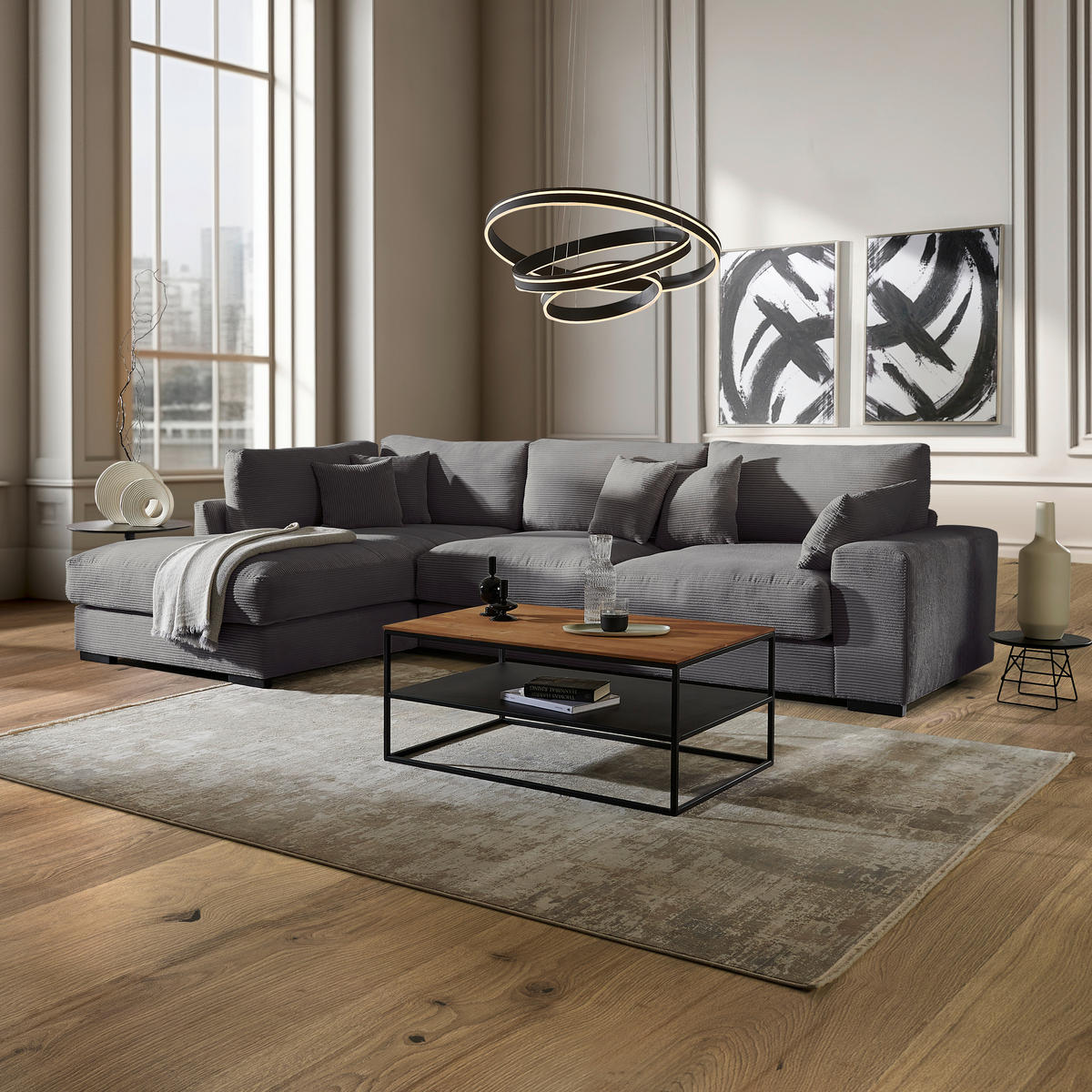 ECKSOFA in Cord Graphitfarben  - Schwarz/Graphitfarben, Design, Kunststoff/Textil (205/340cm) - Lomoco