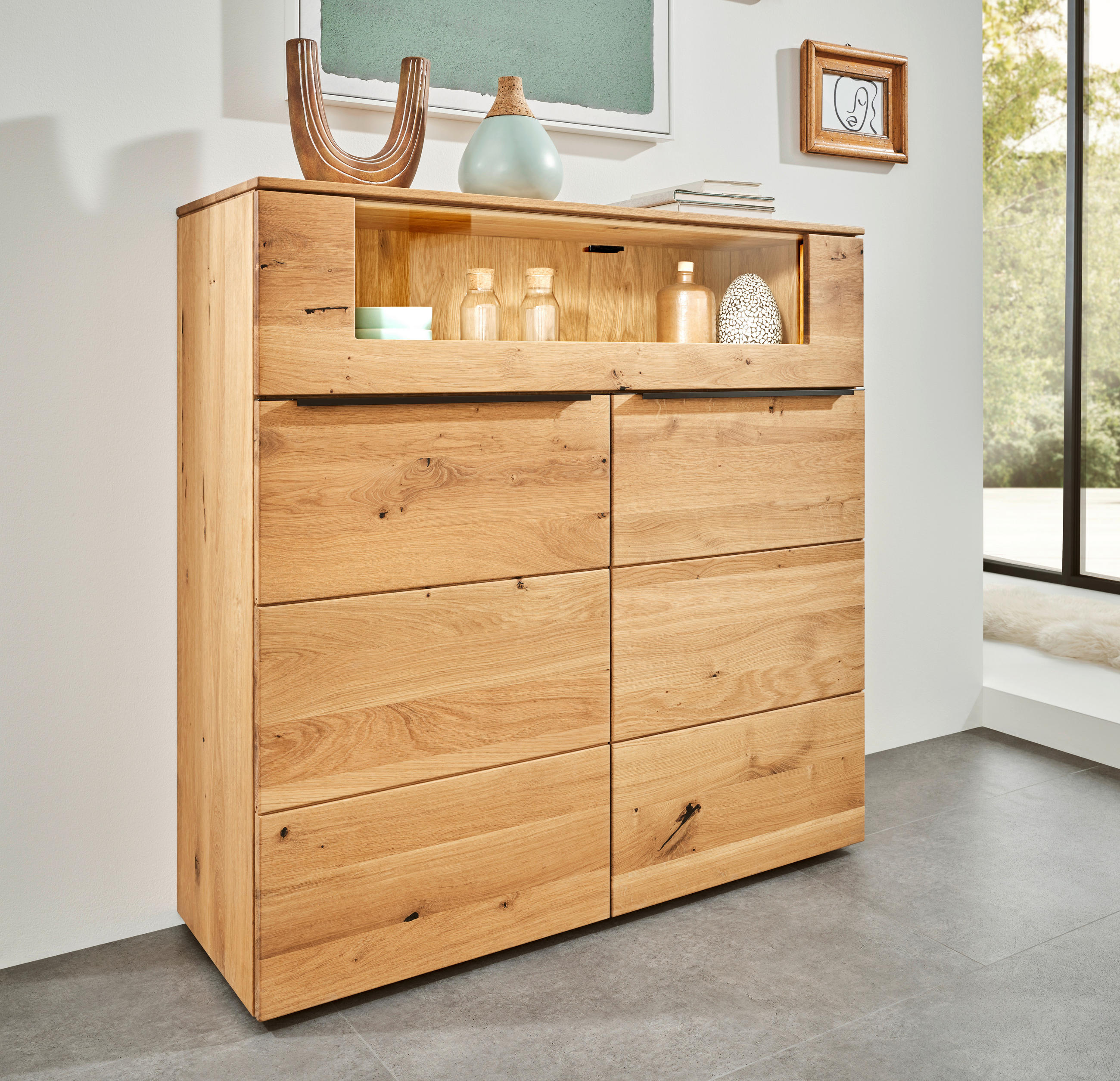 HIGHBOARD Eichefarben  120/119,3/39,5 cm  - Eichefarben/Schwarz, Natur, Glas/Holz (120/119,3/39,5cm) - Valnatura