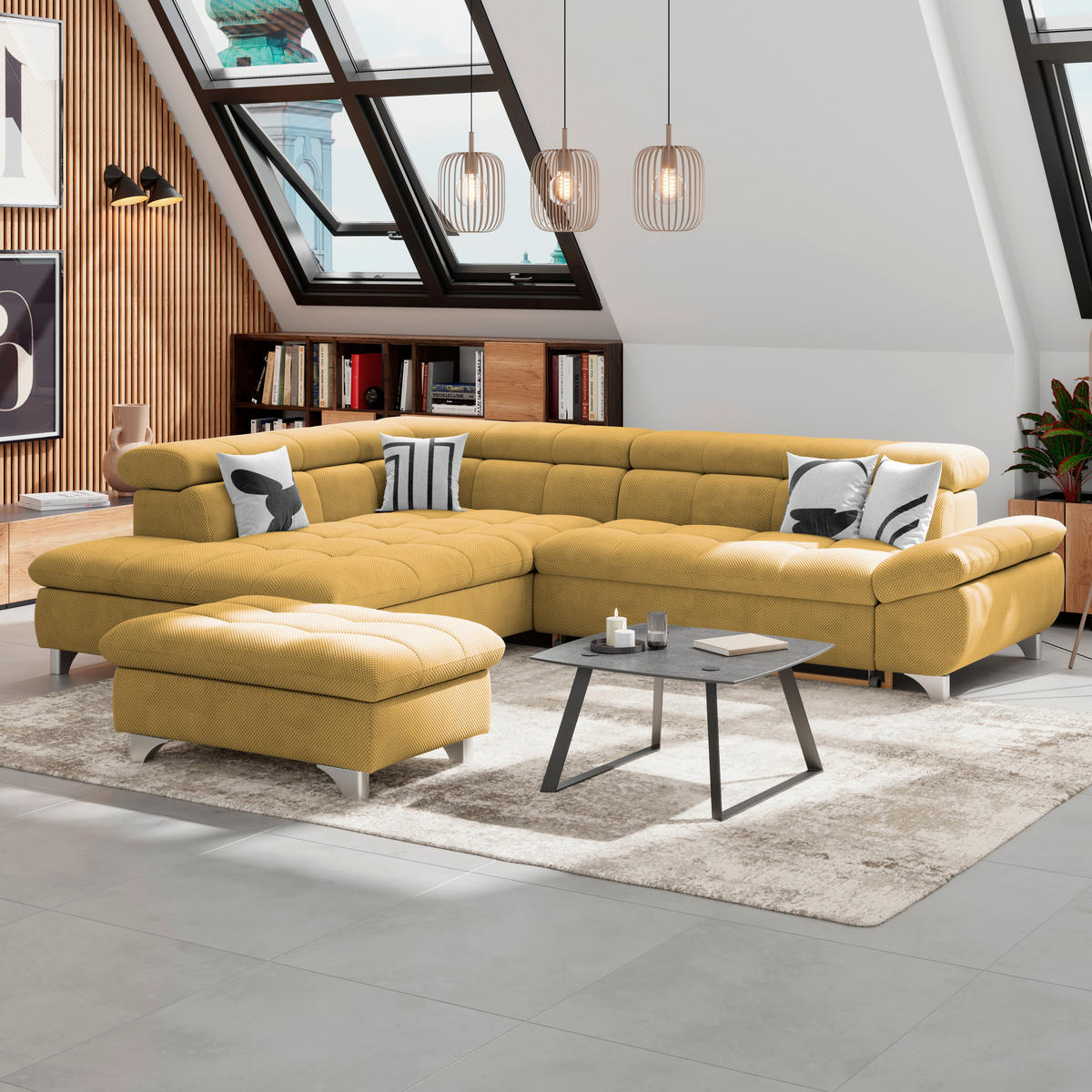 ECKSOFA Senfgelb Chenille  - Chromfarben/Senfgelb, KONVENTIONELL, Textil/Metall (234/312cm) - Livetastic
