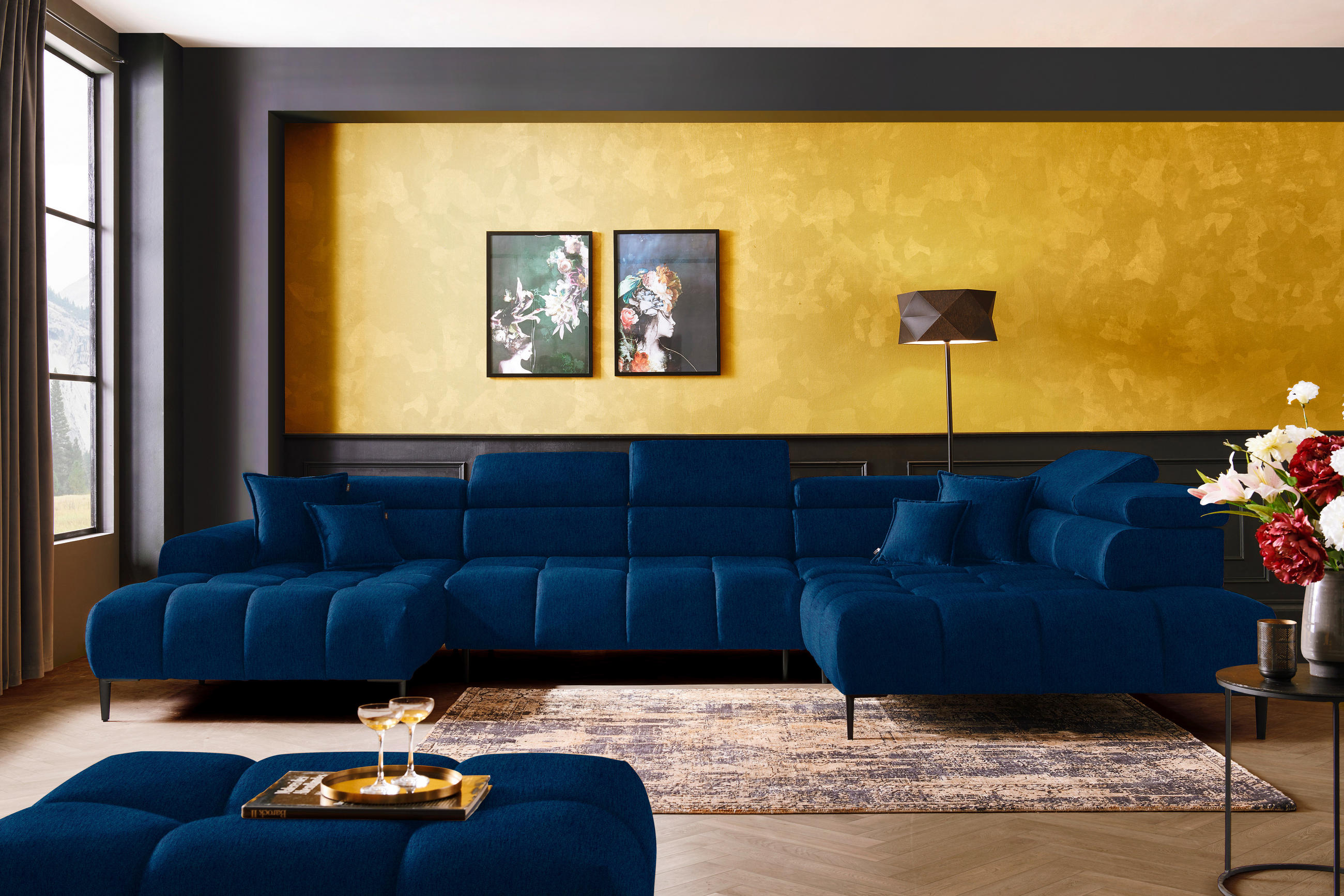 WOHNLANDSCHAFT in Samt, Webstoff Blau  - Blau/Schwarz, Design, Textil/Metall (177/385/216cm) - Welnova