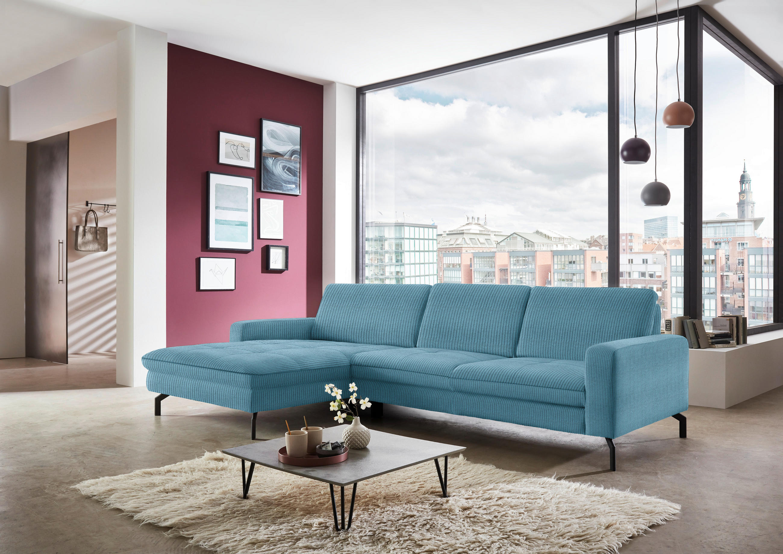 ECKSOFA in Cord Petrol  - Petrol/Schwarz, Design, Textil/Metall (178/302cm) - Beldomo Style