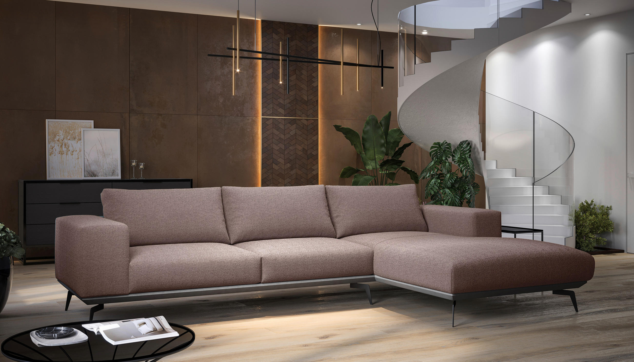 CANAPÉ D'ANGLE in Chenille Bordeaux  - Bordeaux/Schwarz, Design, Holz/Textil (330/180cm) - MID.YOU