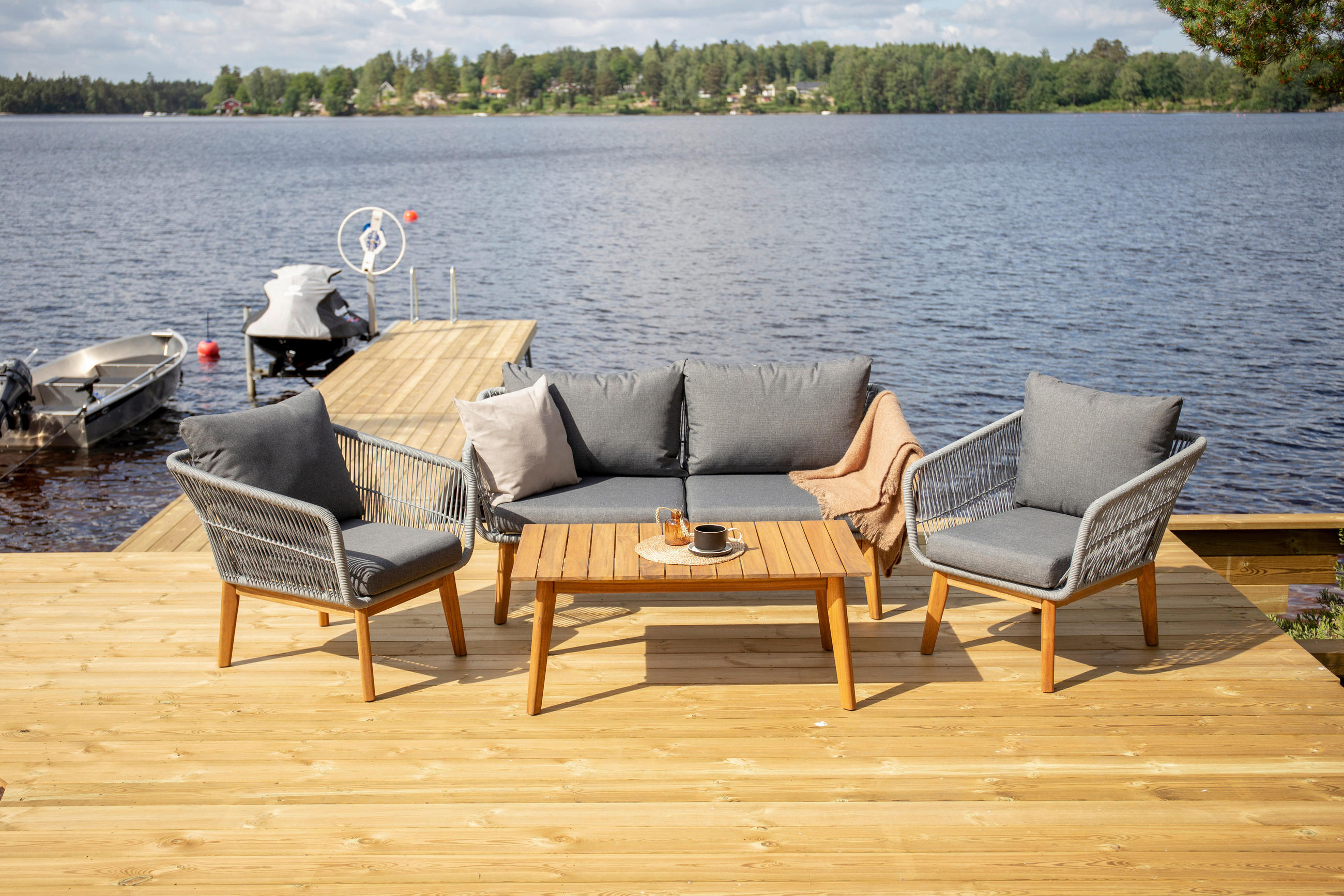 LOUNGEGARNITUR 4-teilig   Akazie Aluminium  - Grau/Akaziefarben, KONVENTIONELL, Holz/Textil (164/75null) - Gardenson