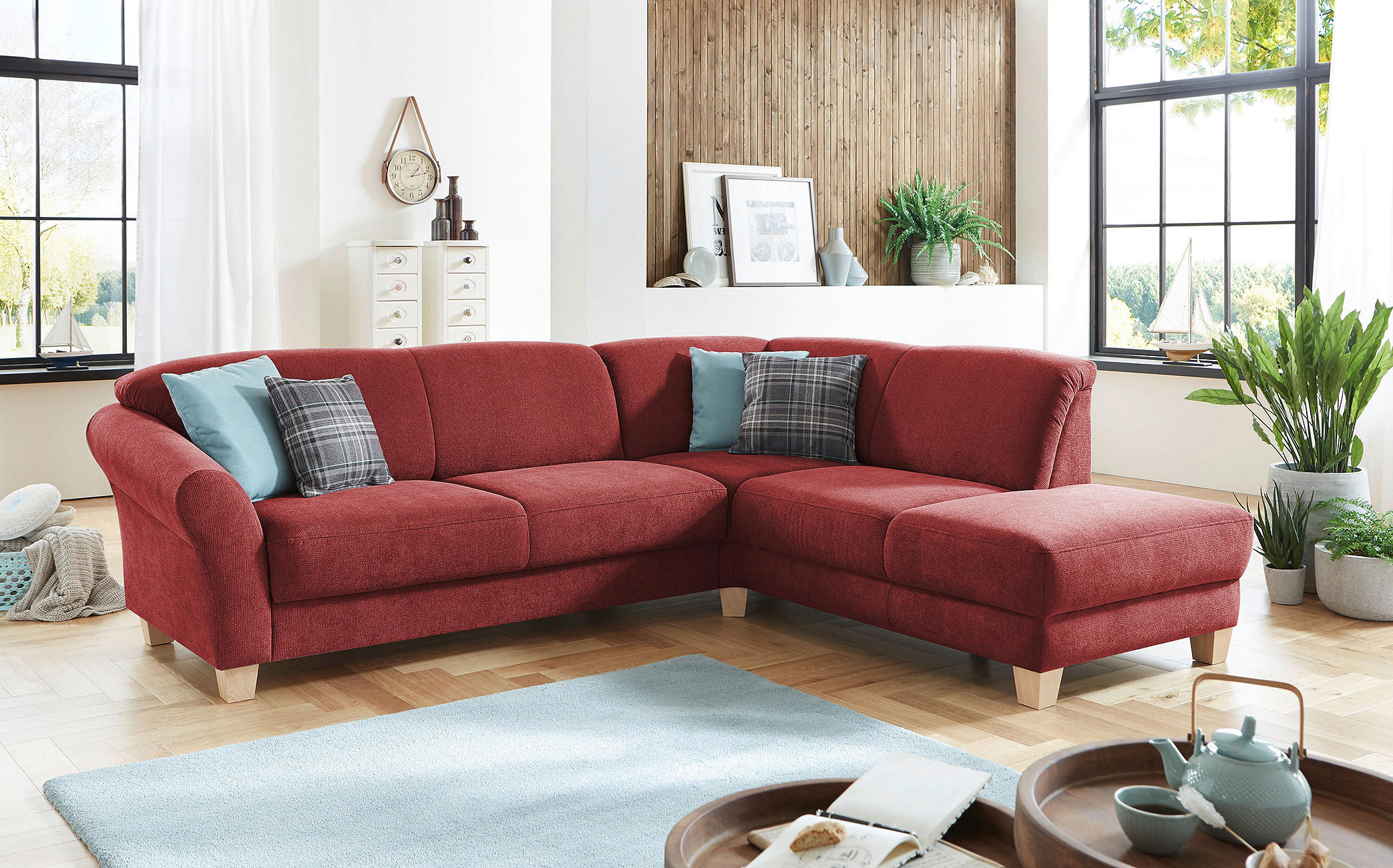 ECKSOFA Rot Flachgewebe  - Rot/Naturfarben, KONVENTIONELL, Holz/Textil (257/212cm) - Sit & More
