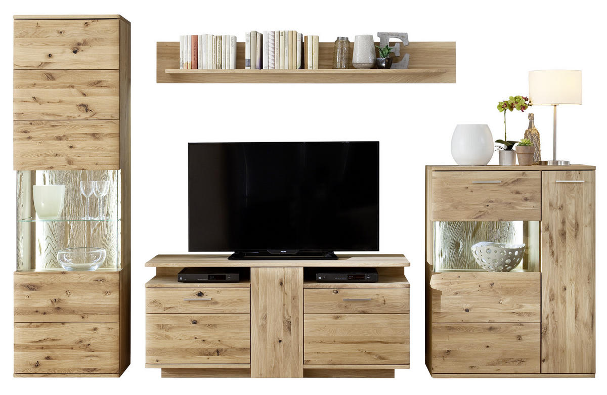 WOHNWAND  in Eichefarben 320/208/45 cm  - Eichefarben/Schwarz, Design, Glas/Holz (320/208/45cm) - Livetastic