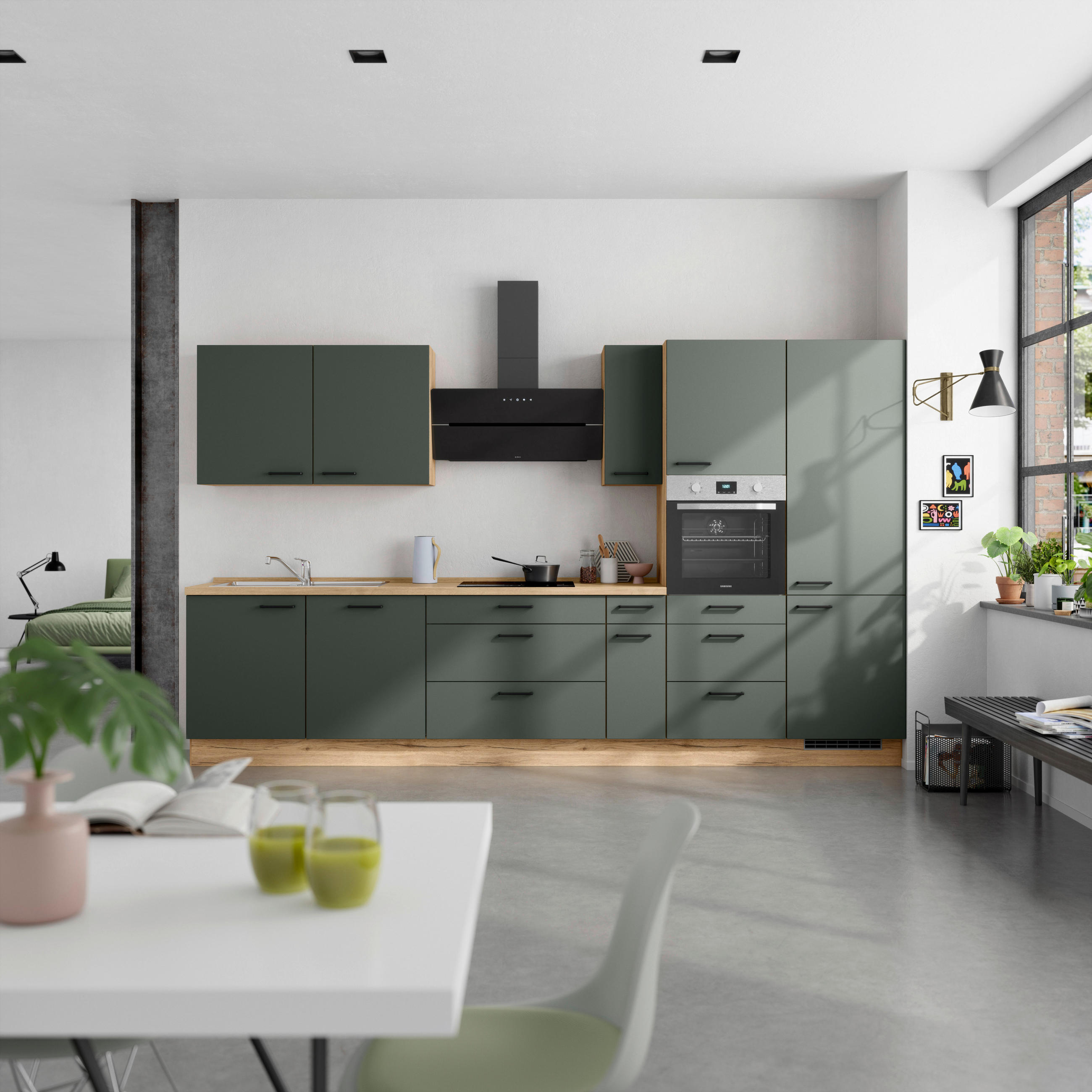 KÜCHENBLOCK 360 cm   in Eichefarben, Dunkelgrün  - Dunkelgrün/Eichefarben, MODERN, Holzwerkstoff/Metall (360cm) - Nobilia