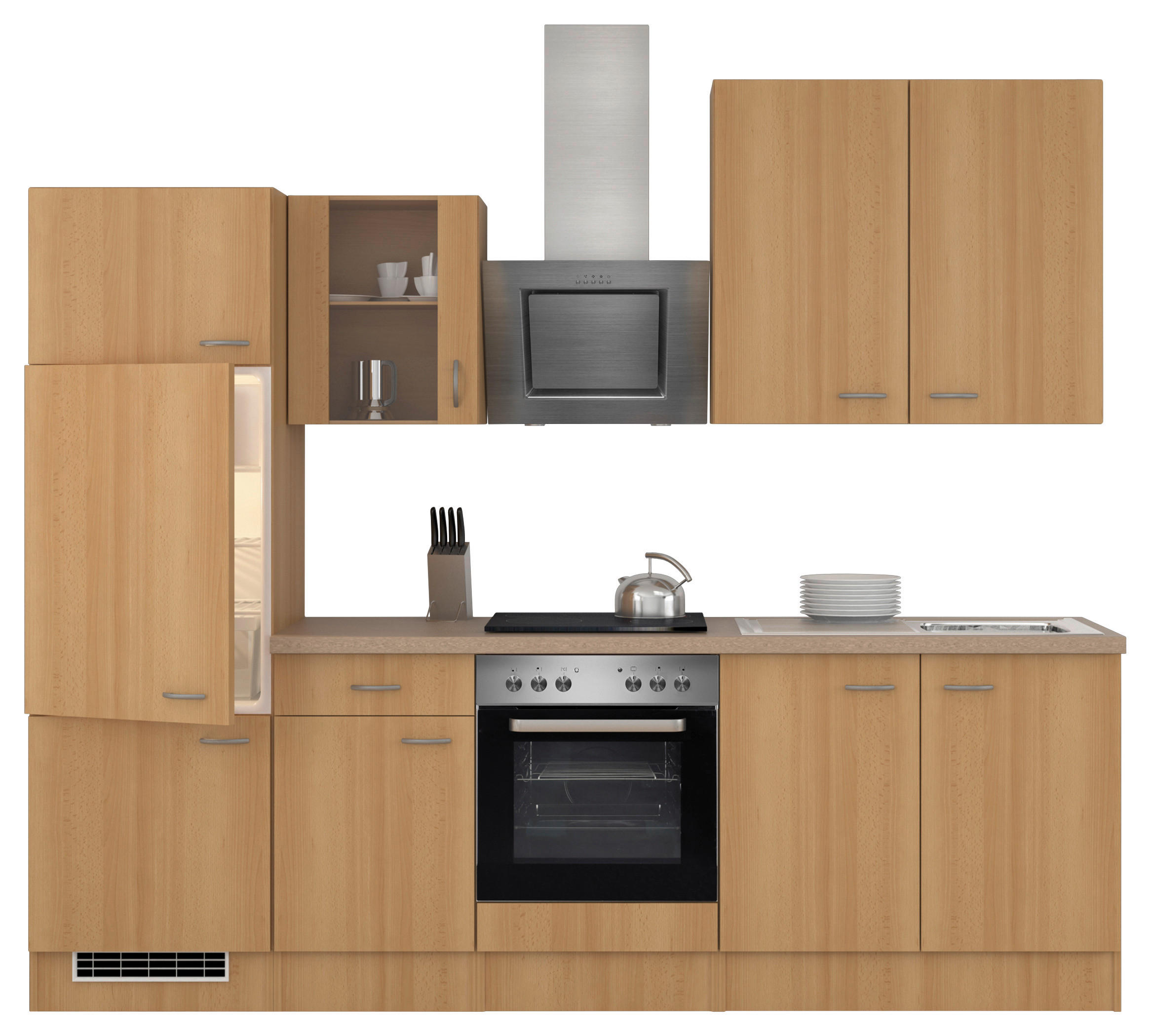 KÜCHENBLOCK 270 cm in Buchefarben - Edelstahlfarben/Beige, MODERN, Glas/Holzwerkstoff (270cm) - FlexWell