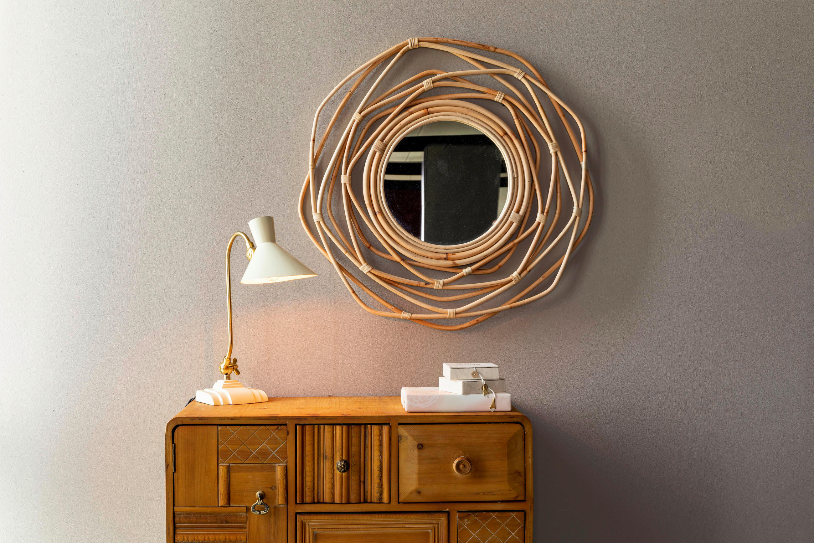 WANDSPIEGEL 75/75/3,2 cm - Hellbraun, Trend, Glas/Naturmaterialien (75/75/3,2cm) - Dutchbone