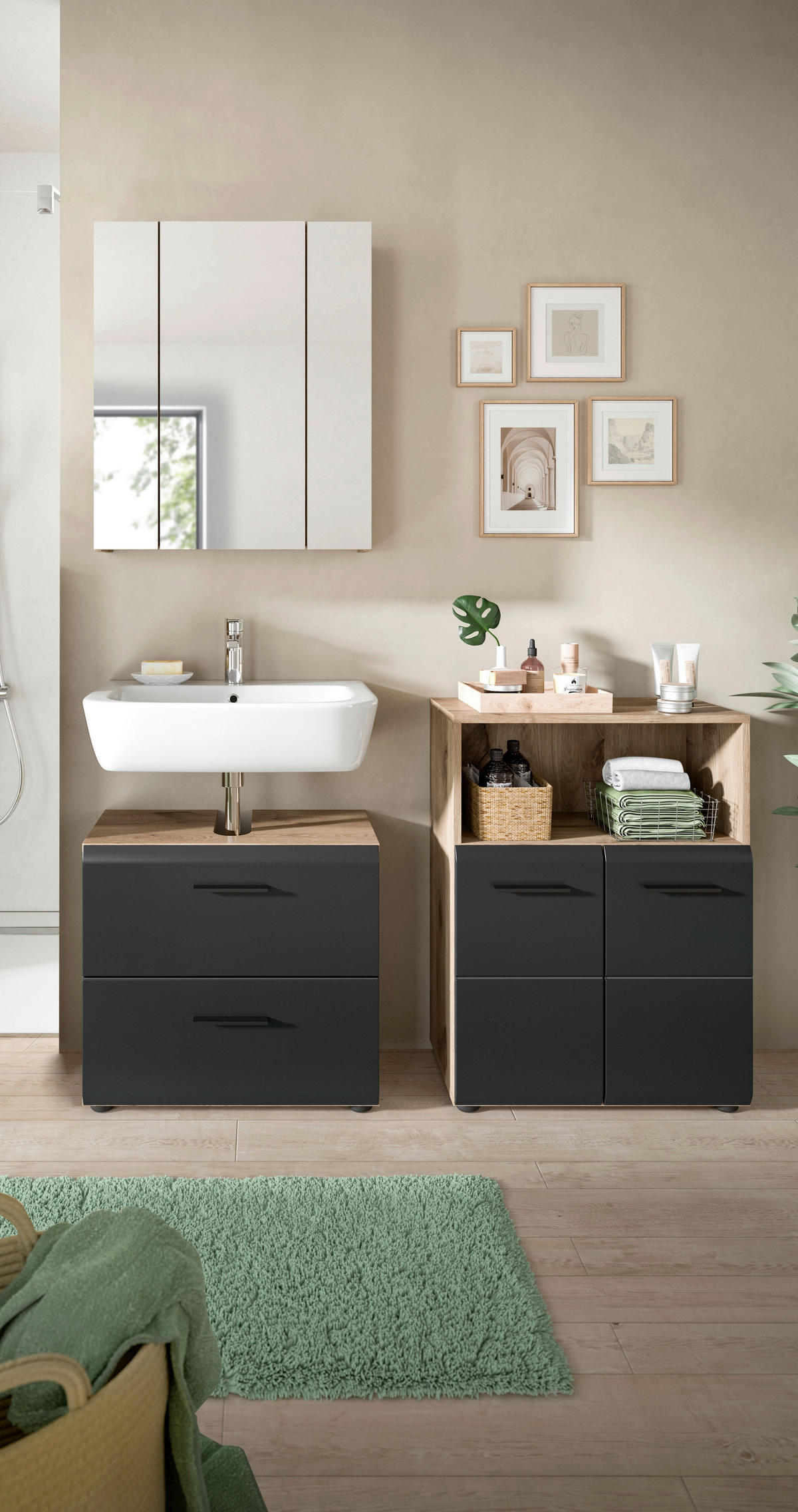 BADEZIMMER 3-teilig  in 120 cm  - Eiche dunkel/Schwarz, Basics, Holzwerkstoff/Kunststoff (120cm) - MID.YOU