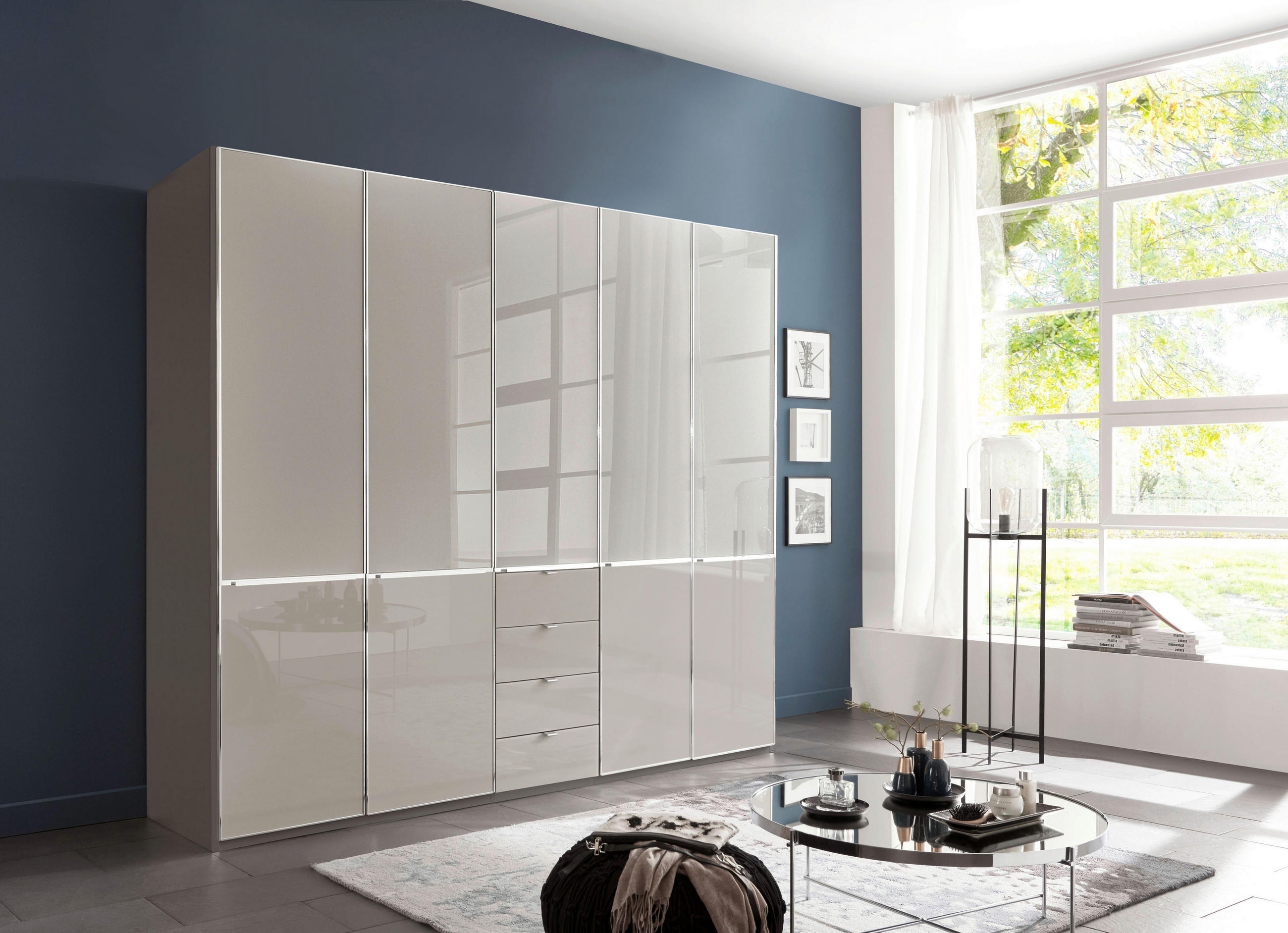 KLEIDERSCHRANK 5-türig Grau, Dunkelgrau - Chromfarben/Dunkelgrau, KONVENTIONELL, Glas/Holzwerkstoff (250/216/58cm) - Novel