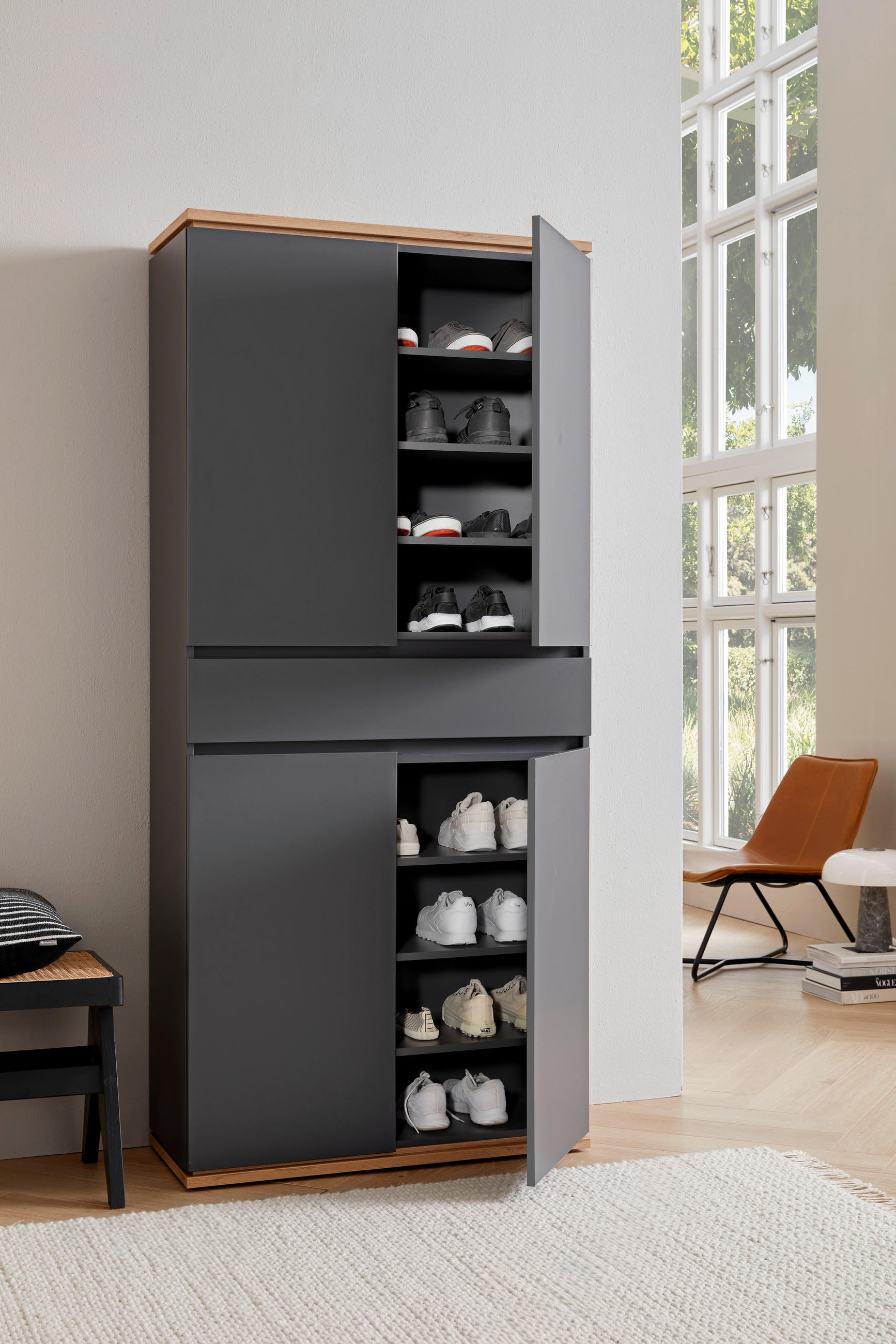SCHUHSCHRANK Graphitfarben, Eiche Artisan  - Graphitfarben/Schwarz, Design, Holzwerkstoff/Kunststoff (90/200/38cm) - Xora