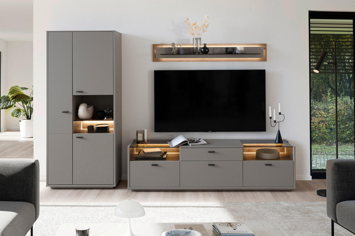 REGAL ZA DNEVNI BORAVAK siva, boje hrasta   - siva/boje hrasta, Design, staklo/drvni materijal (301/200/44cm) - Stylife