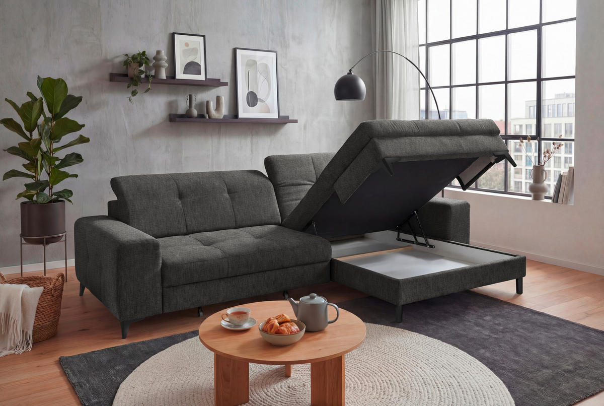 ECKSOFA SORELLA Graphitfarben Chenille Kopfteilverstellung, Sitztiefenverstellung  - Schwarz/Graphitfarben, Design, Kunststoff/Textil (328/182cm) - MID.YOU