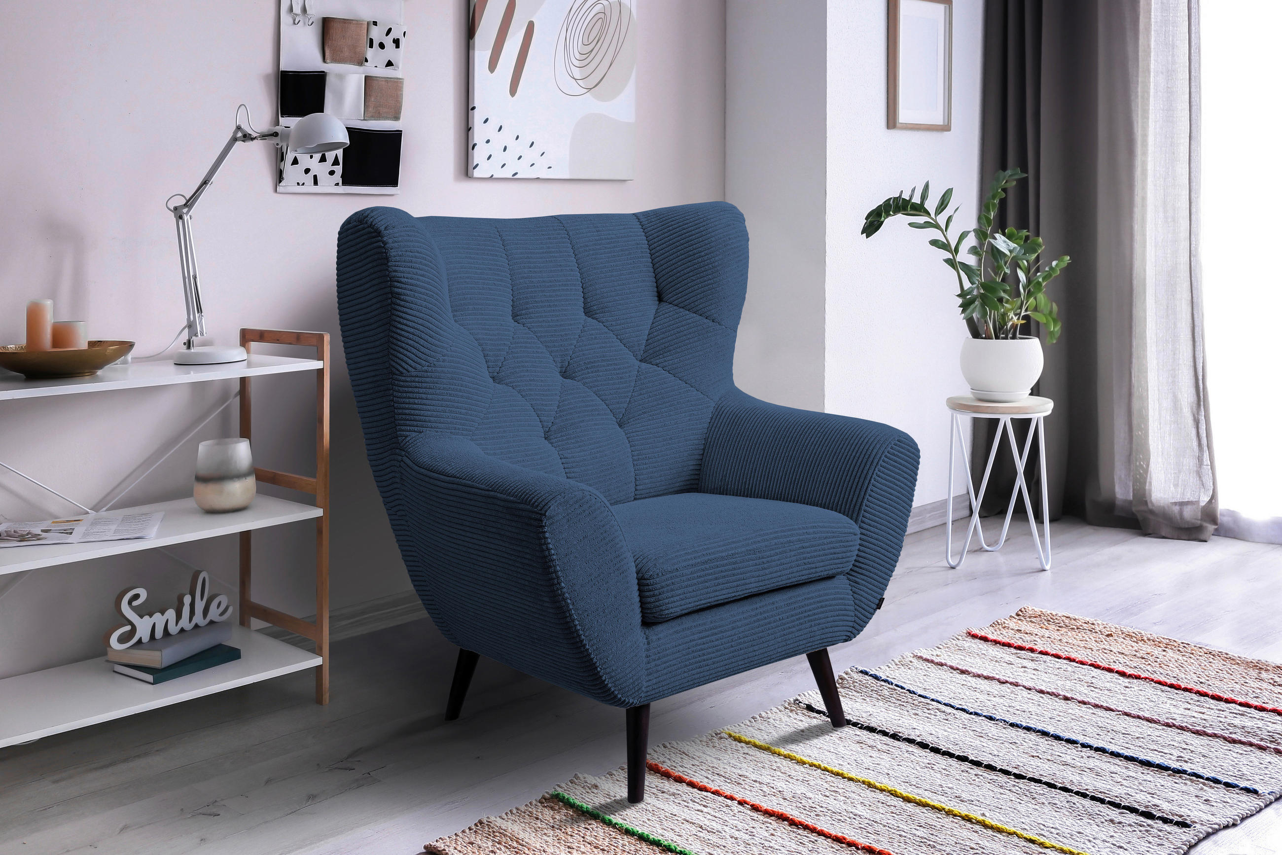 SESSEL in Cord Blau  - Blau/Schwarz, Design, Holz/Textil (87/101/95cm) - Stylife
