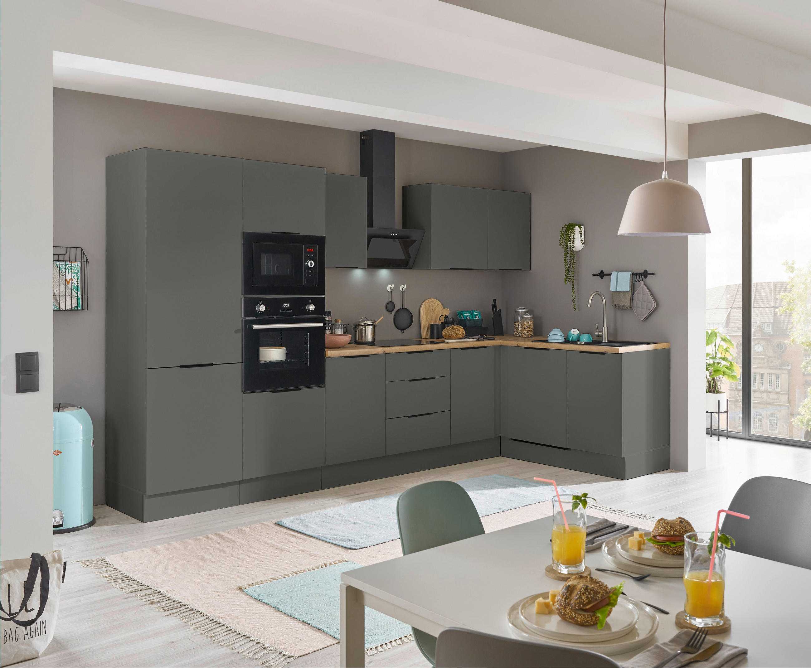 ECKKÜCHE 340/175 cm  in Graphitfarben  - Schwarz/Graphitfarben, Basics, Holzwerkstoff/Metall (340/175cm) - Carryhome