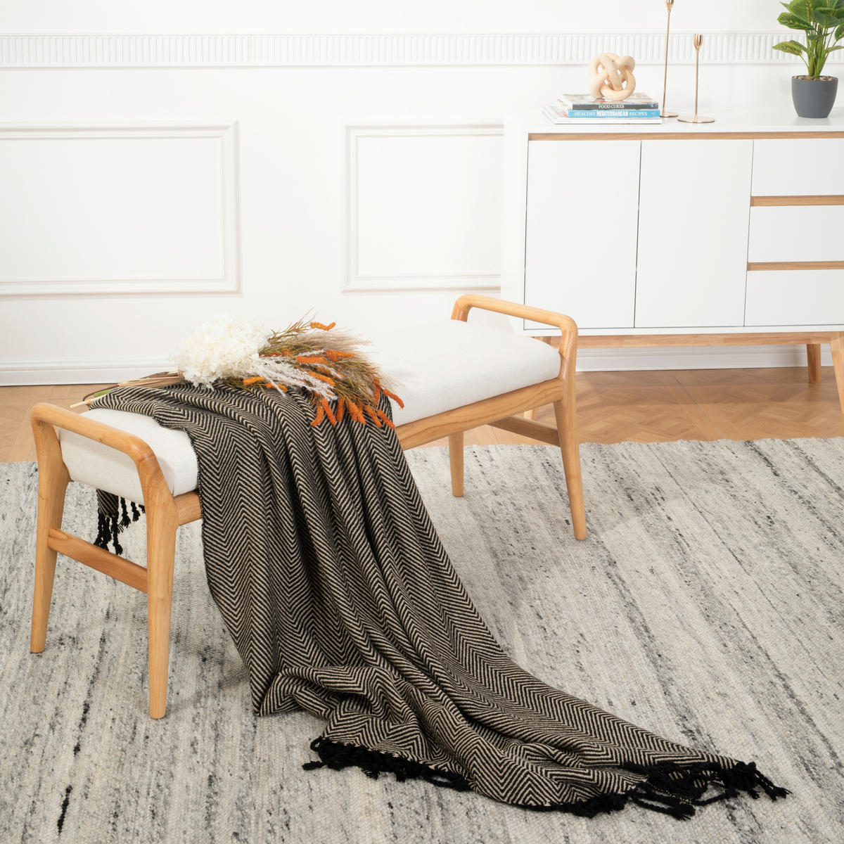 HOCKERBANK 119/51/39 cm Webstoff Naturfarben, Beige Kautschukholz massiv  - Beige/Naturfarben, Design, Holz/Textil (119/51/39cm) - MID.YOU