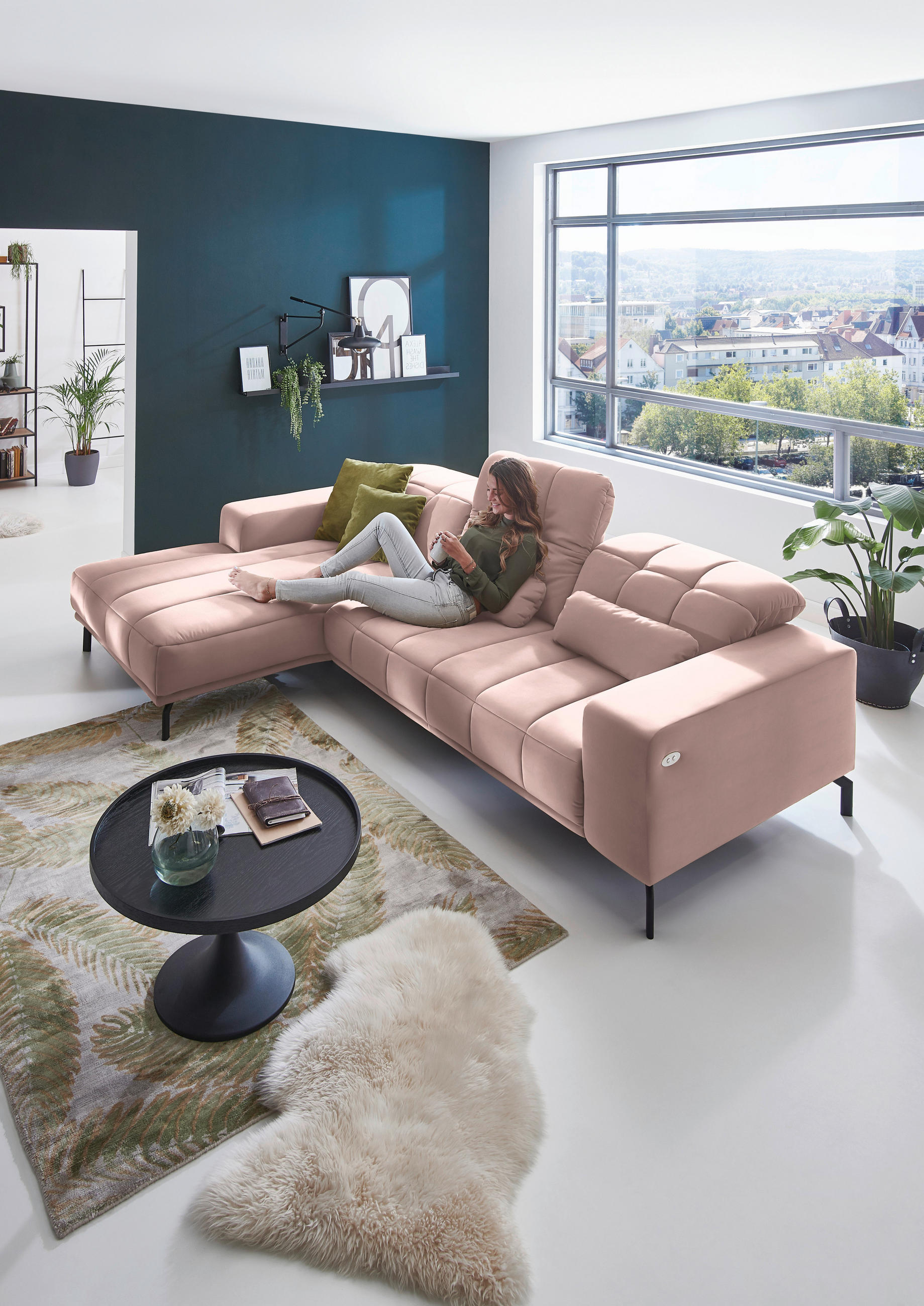 ECKSOFA in Velours Rosa  - Schwarz/Rosa, Design, Textil/Metall (195/293cm) - Beldomo Style