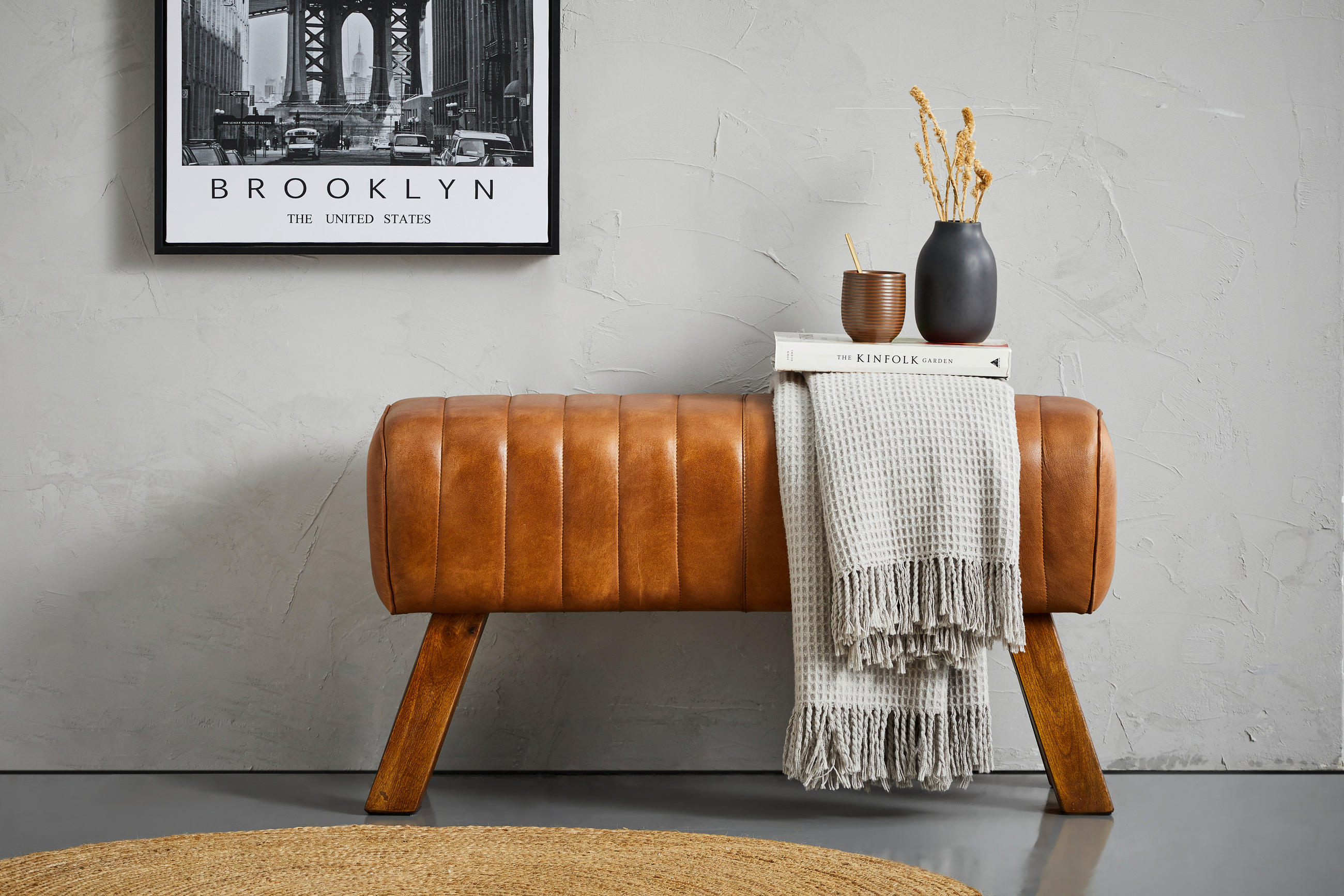 TABURETOVÁ LAVICE, dřevo, kůže, 90/46/30 cm - přírodní barvy/hnědá, Lifestyle, dřevo/kůže (90/46/30cm) - Livetastic