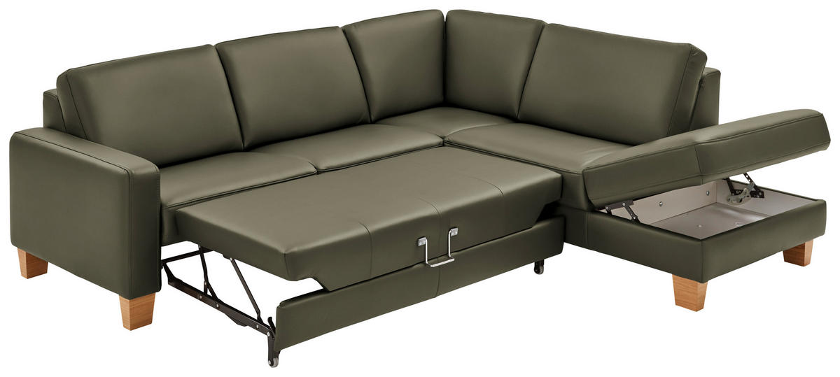 ECKSOFA in Echtleder Grau, Grün  - Eiche Bianco/Grau, Natur, Leder/Holz (257/235cm) - Valdera