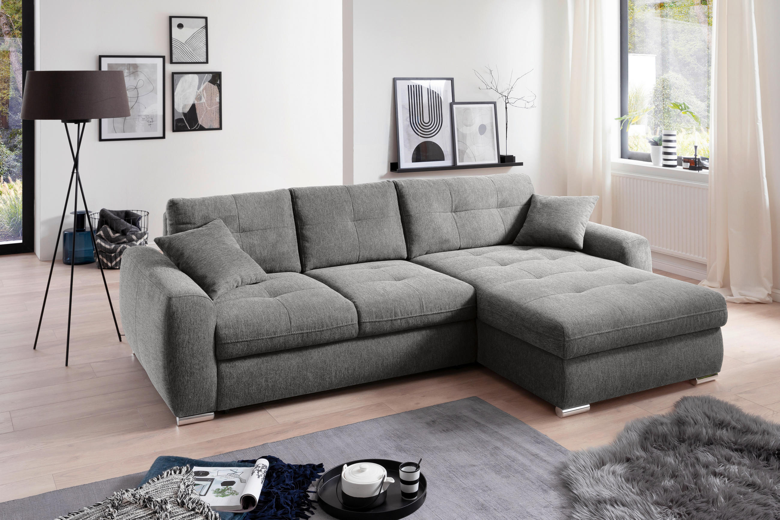ECKSOFA in Mikrofaser Grau 276/193 cm - Chromfarben/Grau, MODERN, Kunststoff/Textil (276/193cm) - Hom`in