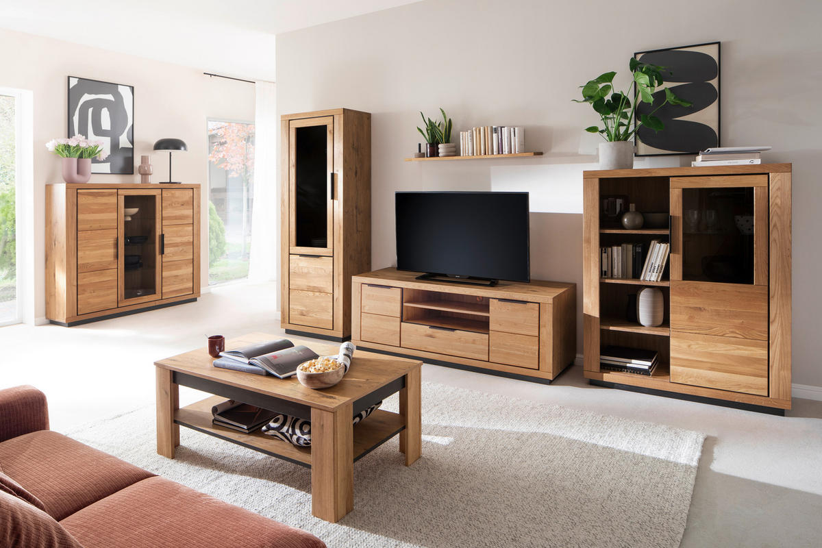 WOHNWAND 4-teilig  in Wildeiche  407/200/54 cm  - Wildeiche/Schwarz, Design, Glas/Holz (407/200/54cm) - MID.YOU