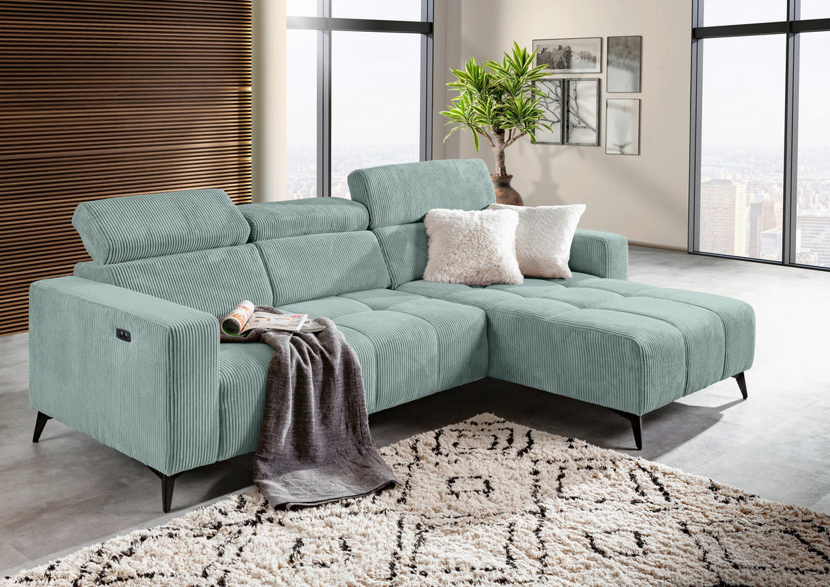 ECKSOFA Olivgrün Cord Rücken echt, Kopfteilverstellung, Sitzvorzug  - Schwarz/Olivgrün, KONVENTIONELL, Textil/Metall (257/170cm) - Carryhome