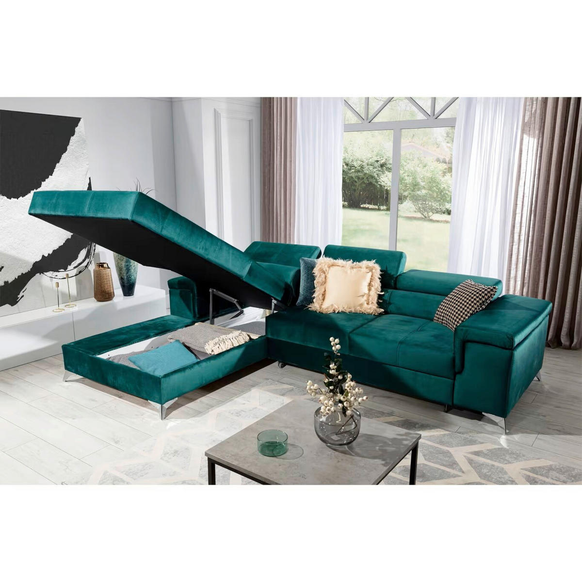 ECKSOFA in Samt Grün  205/281 cm  - Silberfarben/Grün, Design, Textil/Metall (205/281cm) - MID.YOU