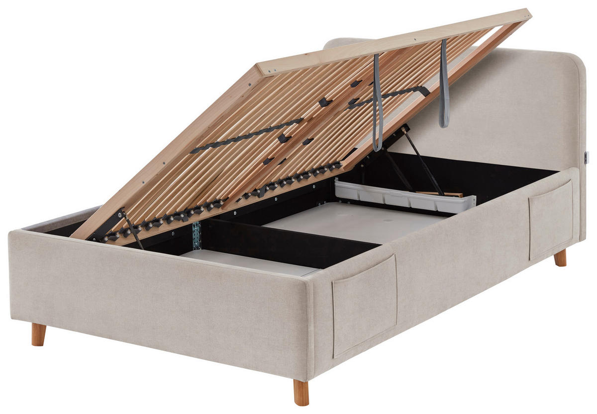 POLSTERBETT 120/200 cm,  in Eichefarben, Beige, Lattenrost, Bettkasten, Betttasche,  - Eichefarben/Birkefarben, KONVENTIONELL, Holz/Textil (120/200cm) - Boxxx