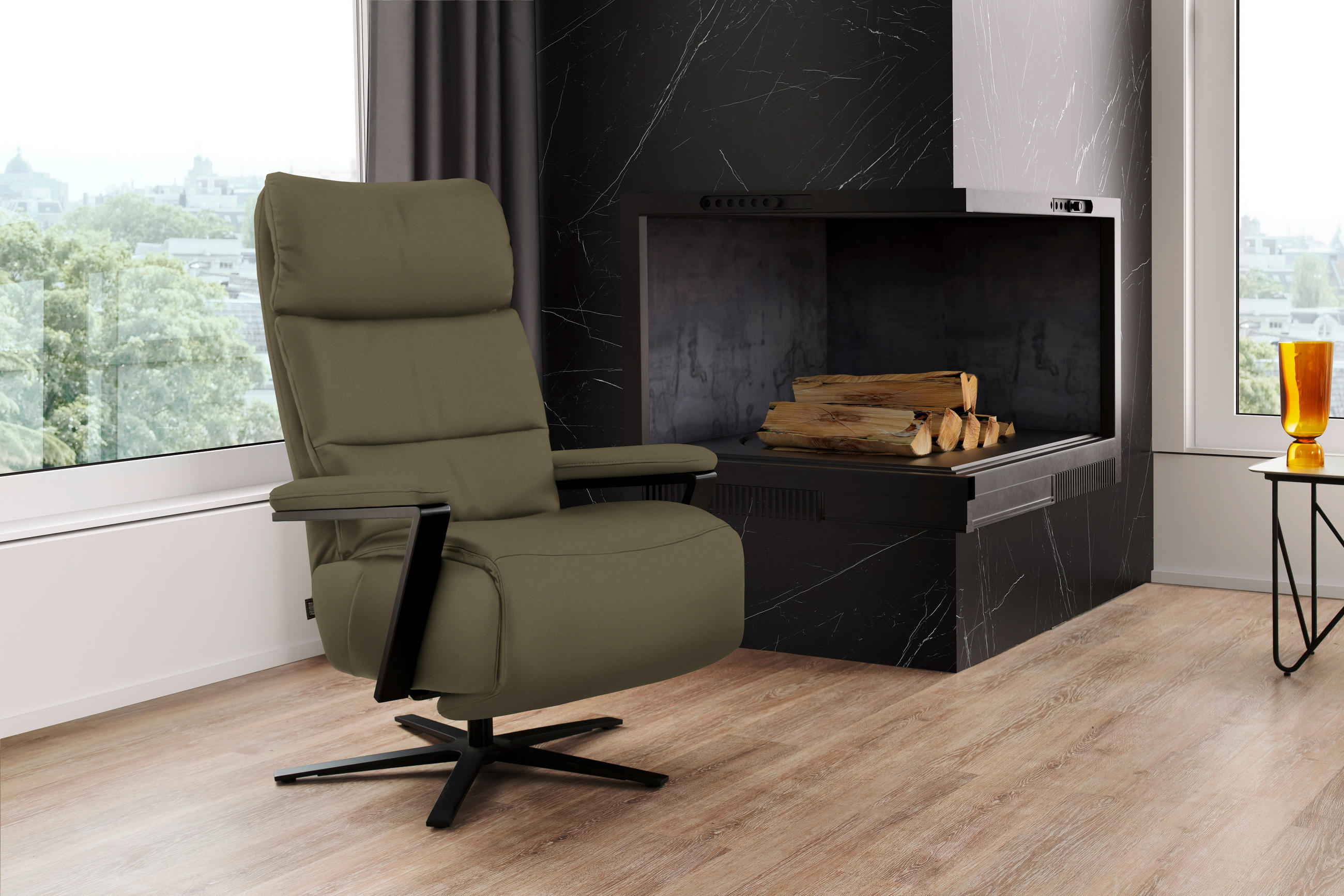 FERNSEHSESSEL  mit Relaxfunktion Echtleder Olivgrün  - Schwarz/Olivgrün, Design, Leder/Metall (74/111/85cm) - Schöner Wohnen