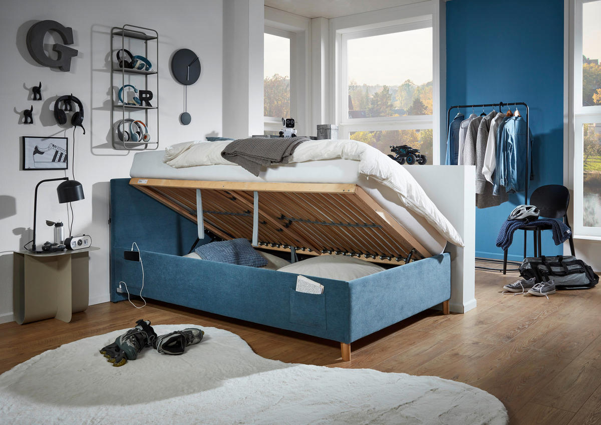 POLSTERBETT 140/200 cm  in Blau  - Blau/Eichefarben, Konventionell, Holz/Textil (140/200cm) - Stylife
