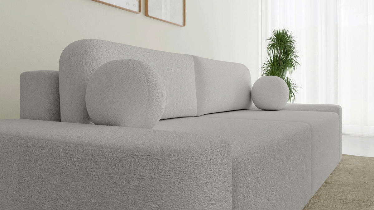 ECKSOFA OVAL Hellgrau Bouclé Rückenkissen, Schlaffunktion, Rücken echt, Stauraum  - Hellgrau/Schwarz, Design, Kunststoff/Textil (268/110cm) - MID.YOU
