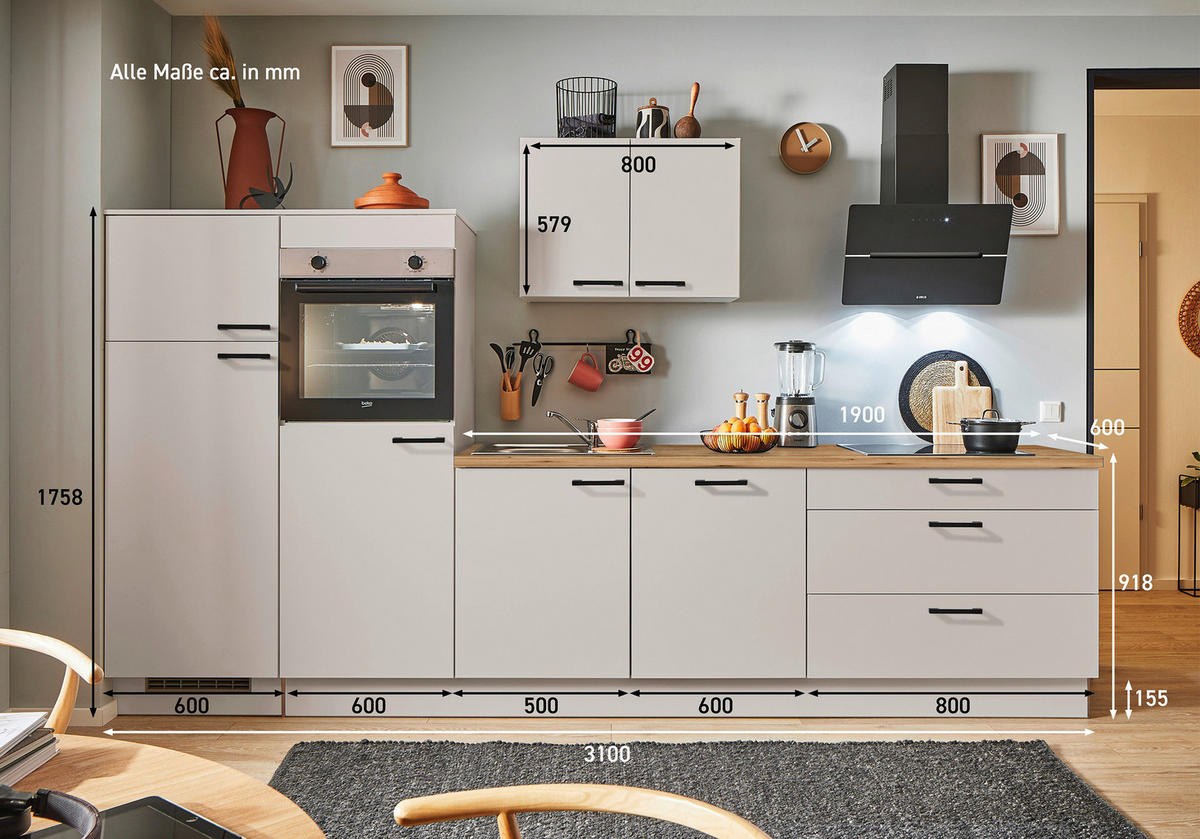 KÜCHENLEERBLOCK PN 80 310 cm  in Eichefarben, Kaschmir  - Kaschmir/Eichefarben, Design, Holzwerkstoff/Metall (310cm) - Pino