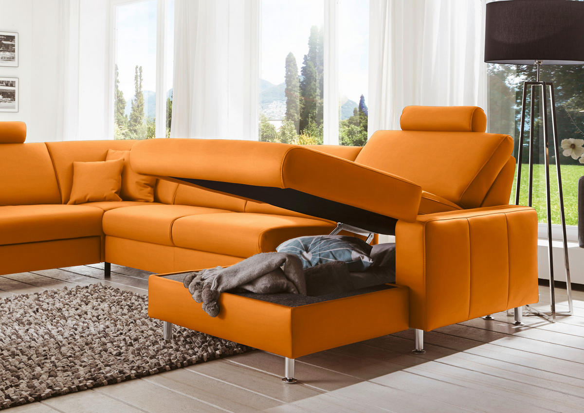 WOHNLANDSCHAFT in Echtleder Orange  - Alufarben/Orange, Design, Leder/Metall (233/339/165cm) - Beldomo Premium