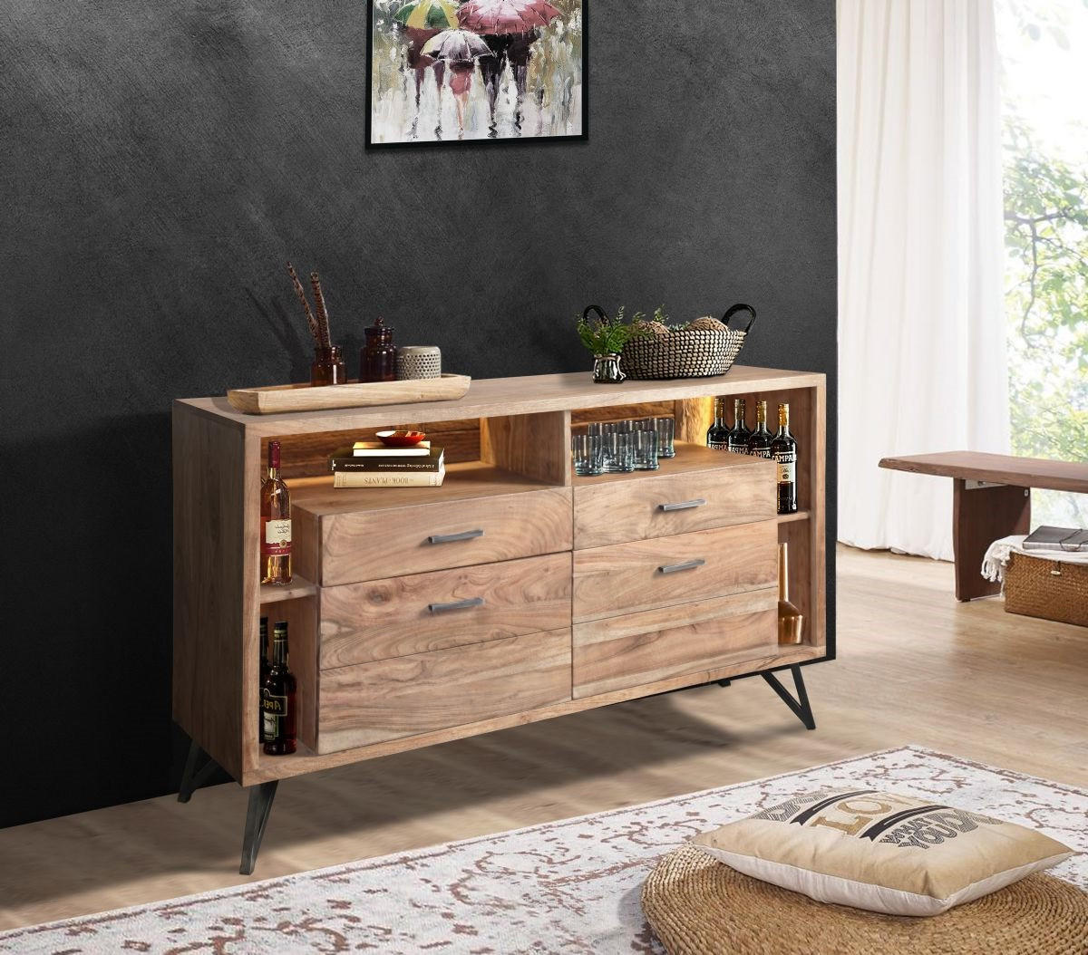 KOMODA, akácia, farba akácie, 145/94/40 cm - čierna/farba akácie, Modern, kov/drevo (145/94/40cm) - Livetastic