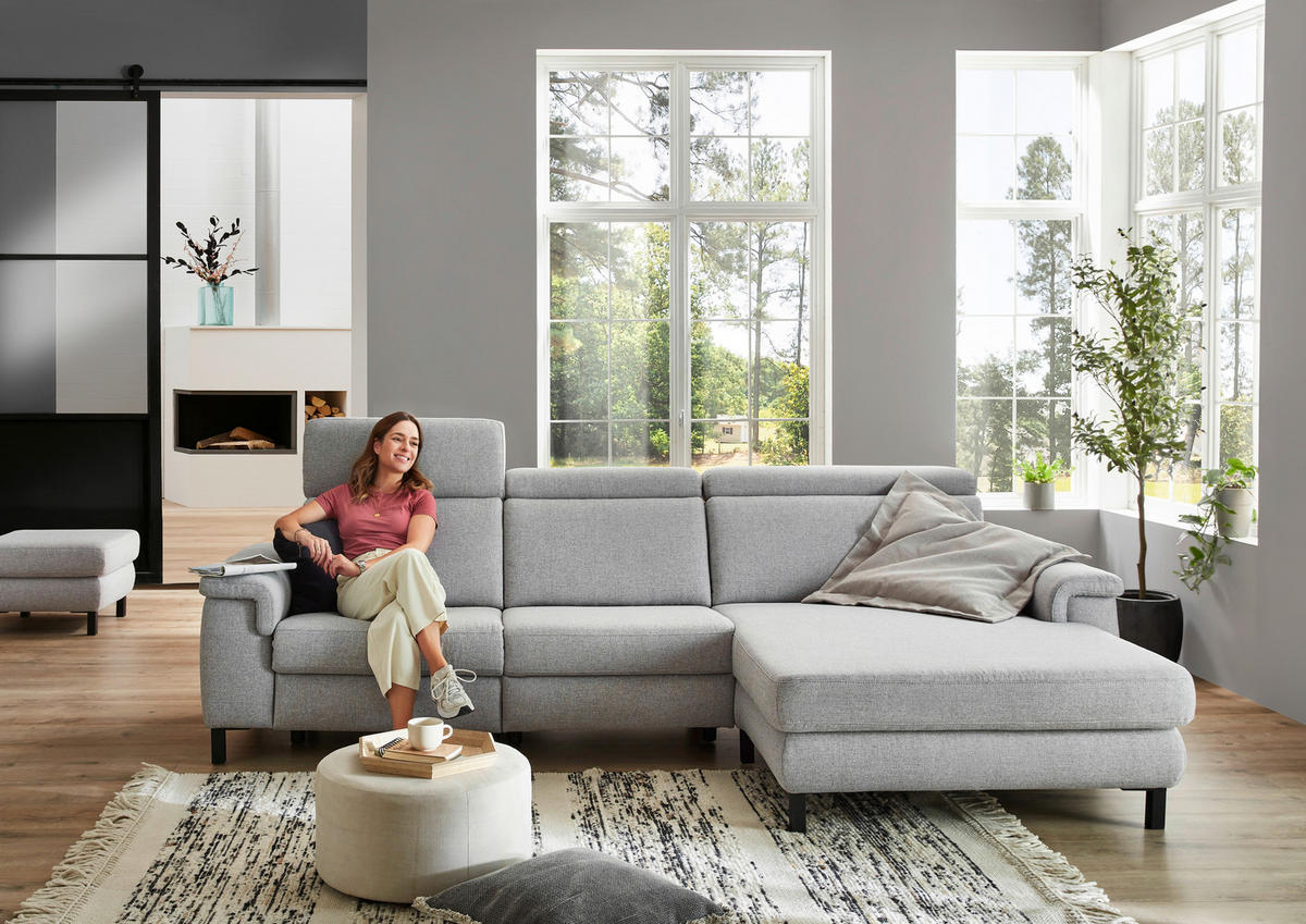 ECKSOFA in Flachgewebe Hellgrau  - Hellgrau/Schwarz, Konventionell, Textil/Metall (304/182cm) - Pure Home Comfort