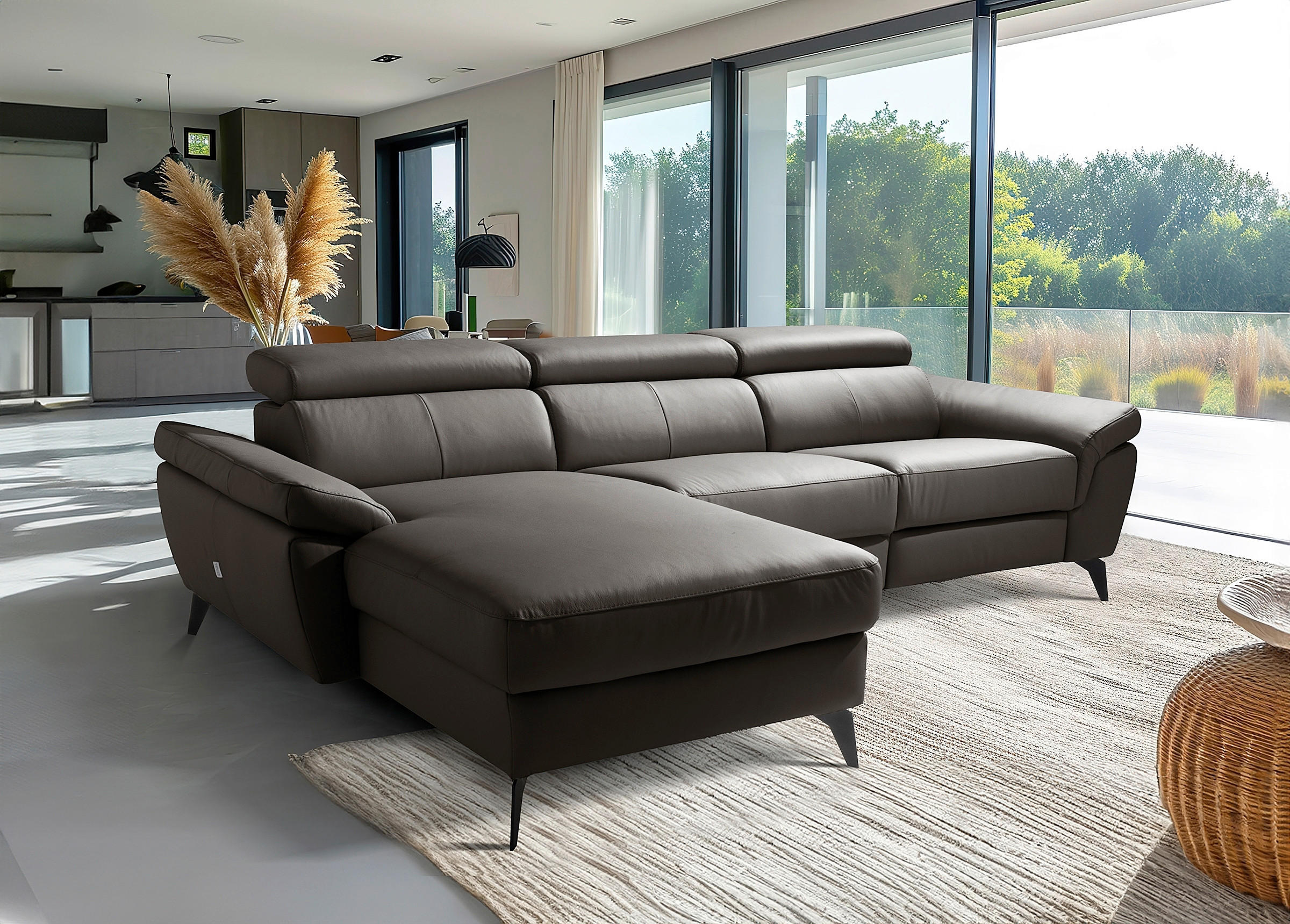 ECKSOFA SONO in Lederlook Echtleder Dunkelbraun Armteilverstellung, Kopfteilverstellung  179/252 cm  - Dunkelbraun/Schwarz, Design, Leder/Textil (179/252cm) - Livetastic