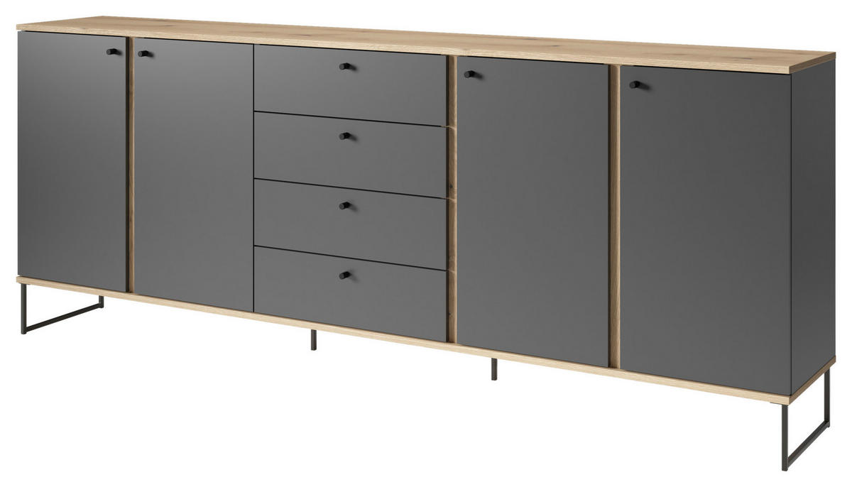 KOMODA, antracit, barve hrasta  - črna/barve hrasta, Basics, kovina/umetna masa (225/89/38cm) - Xora