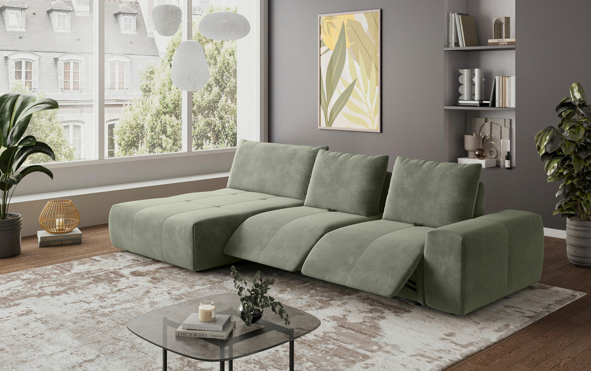 ECKSOFA in Velours Olivgrün  - Schwarz/Olivgrün, Design, Kunststoff/Textil (174/347cm) - Xora